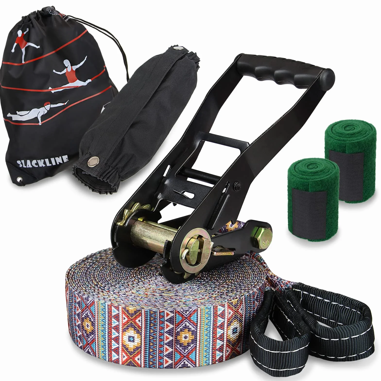 ALPIDEX Slackline Set 15 m + Protections pour Arbre et Protection cliquet, Convient aux Enfants, débutants et avancés