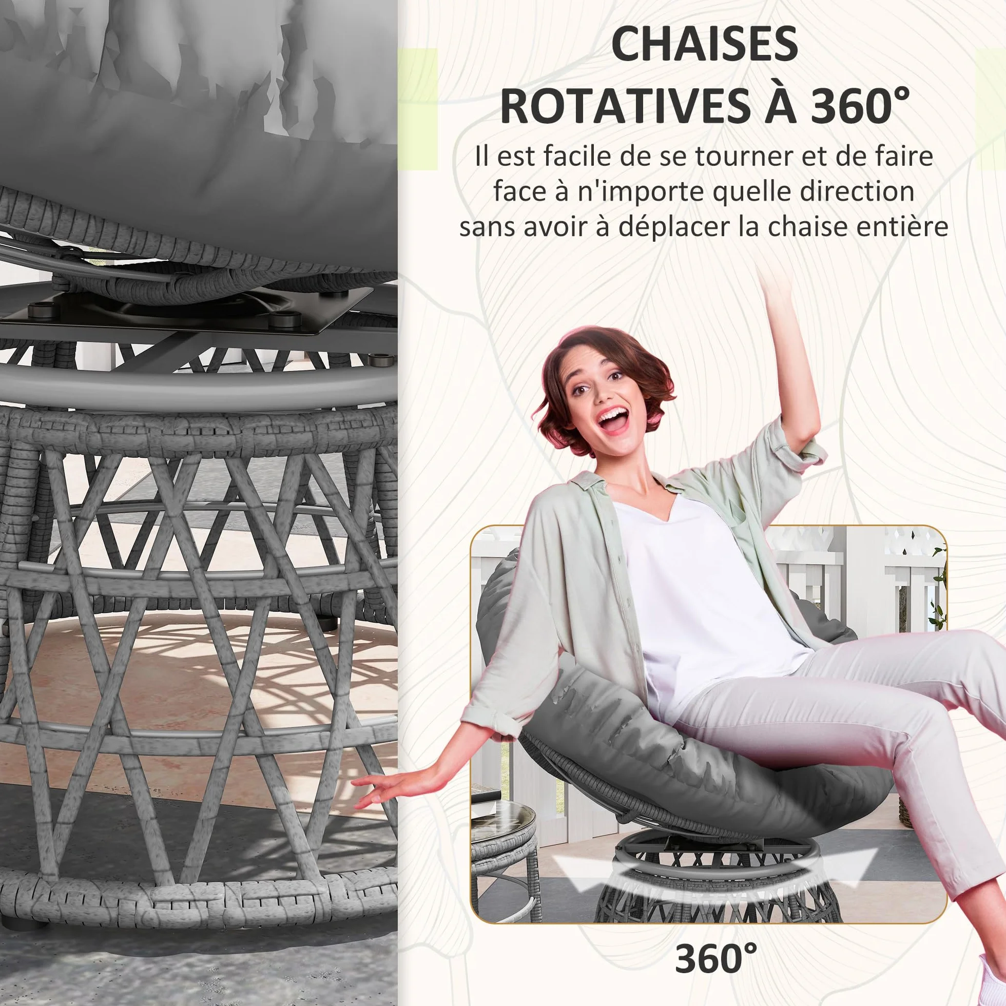 Outsunny Ensemble Salon de Jardin 3 pièces avec Fauteuils Papasan Pivotant et Table Basse Ronde Gris Résine Tressée