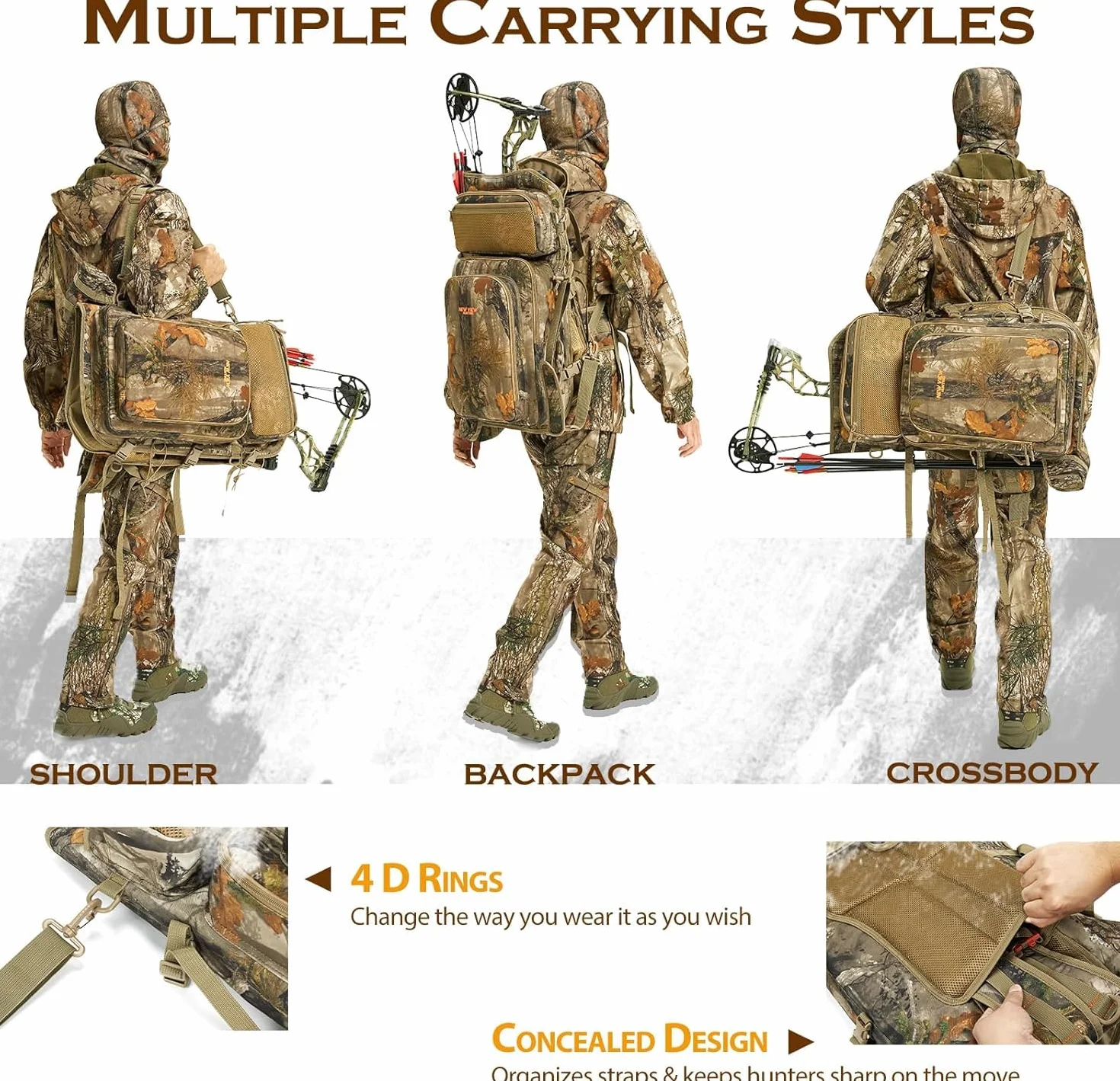 Sac à dos de chasse à l'arc pour homme - Motif camouflage - Sac à dos composite avec support pour archet - Pour élan, dinde, ours et cerf (version mise à jour)