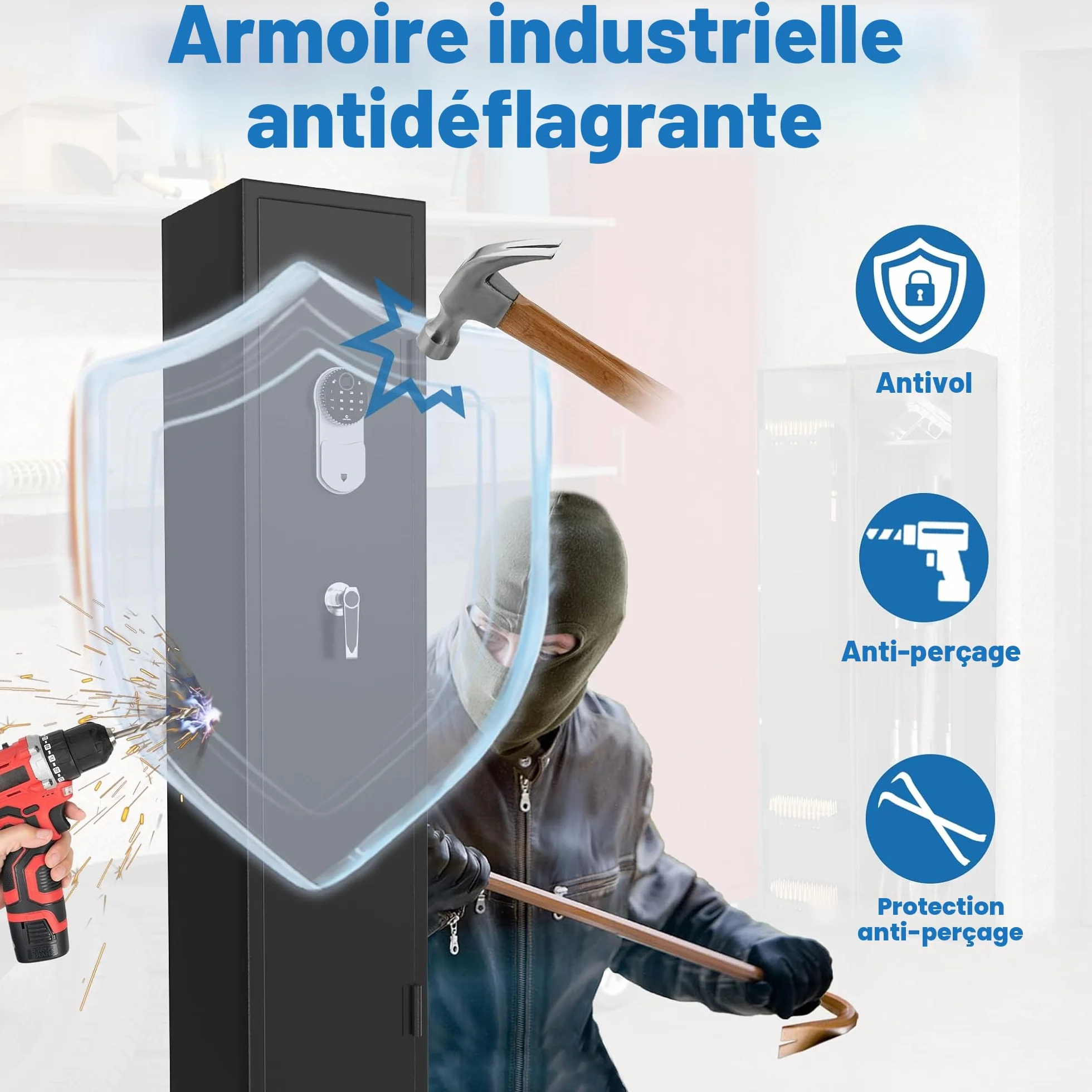 UISEBRT Armoire à armes pour 3 à 5 fusils - Armoire à munitions - Avec serrure électronique et empreintes digitales - Réglable - Pour armes longues, pistolets et munitions