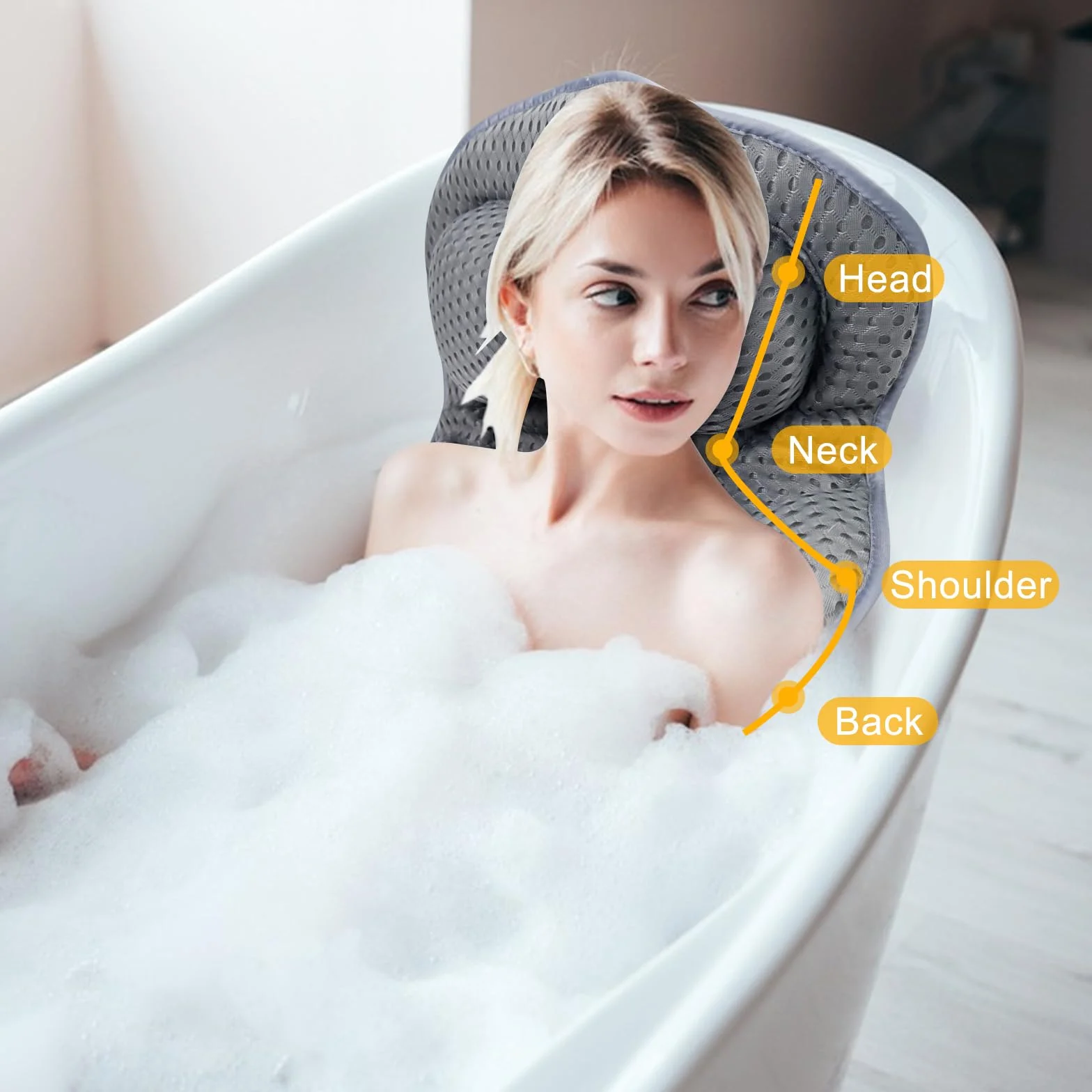 Chiluxendo Coussin Baignoire Adulte 4D Air Mesh avec 6 Ventouses Repose Tête Antidérapant (Gris)