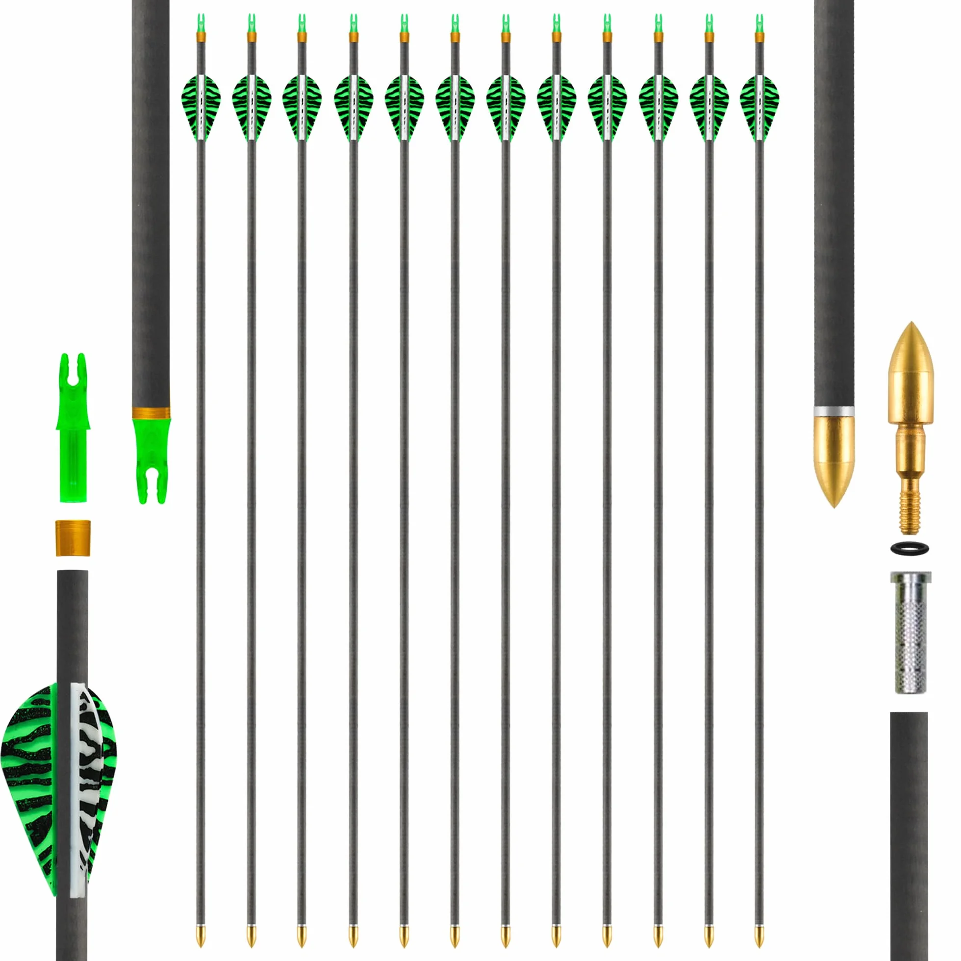 Flèches Carbone 80cm Chasse Cible Pointes Amovibles Arc Composite Recourbé Lot 12