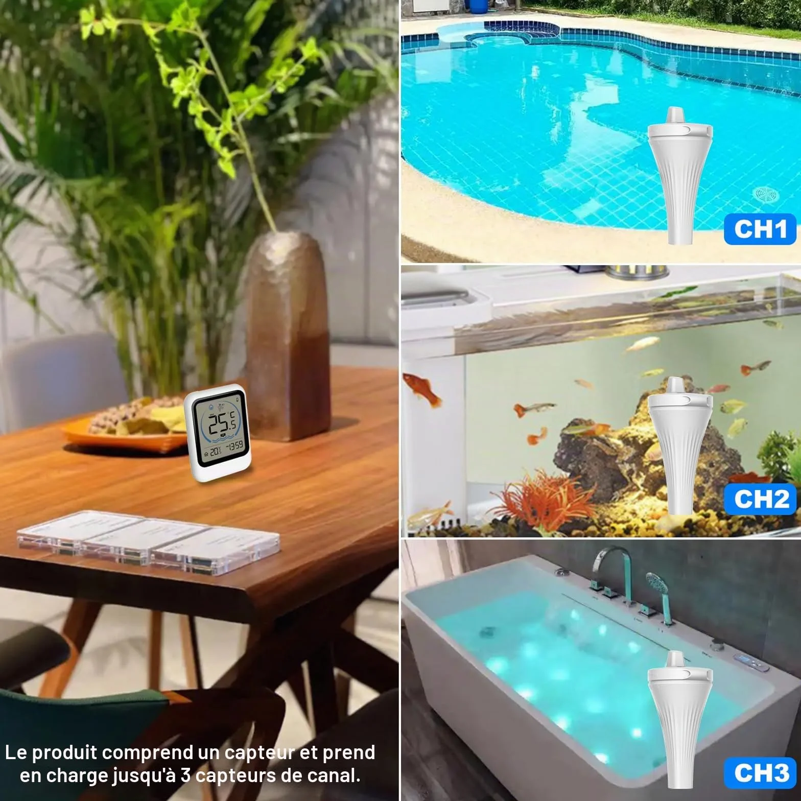 Thermomètre de piscine avec grand écran LCD, étanche IP67, flottant pour piscine, jacuzzi, spa