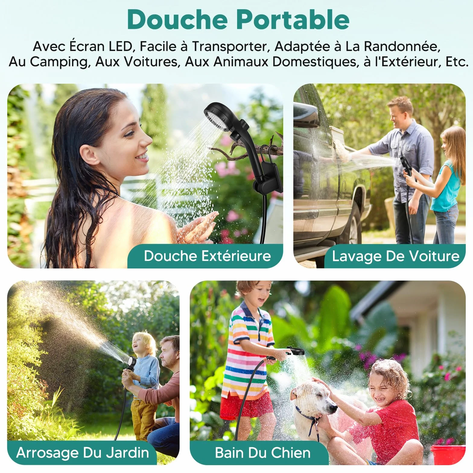 ShinePick Douche Camping, Douche Portable 3000mAh Rechargeable Avec écran LED Intelligent 3 Modes de Douche IPX7 Etanche Convient pour le Camping, l'extérieur, La Voiture, Les Animaux Domestiques