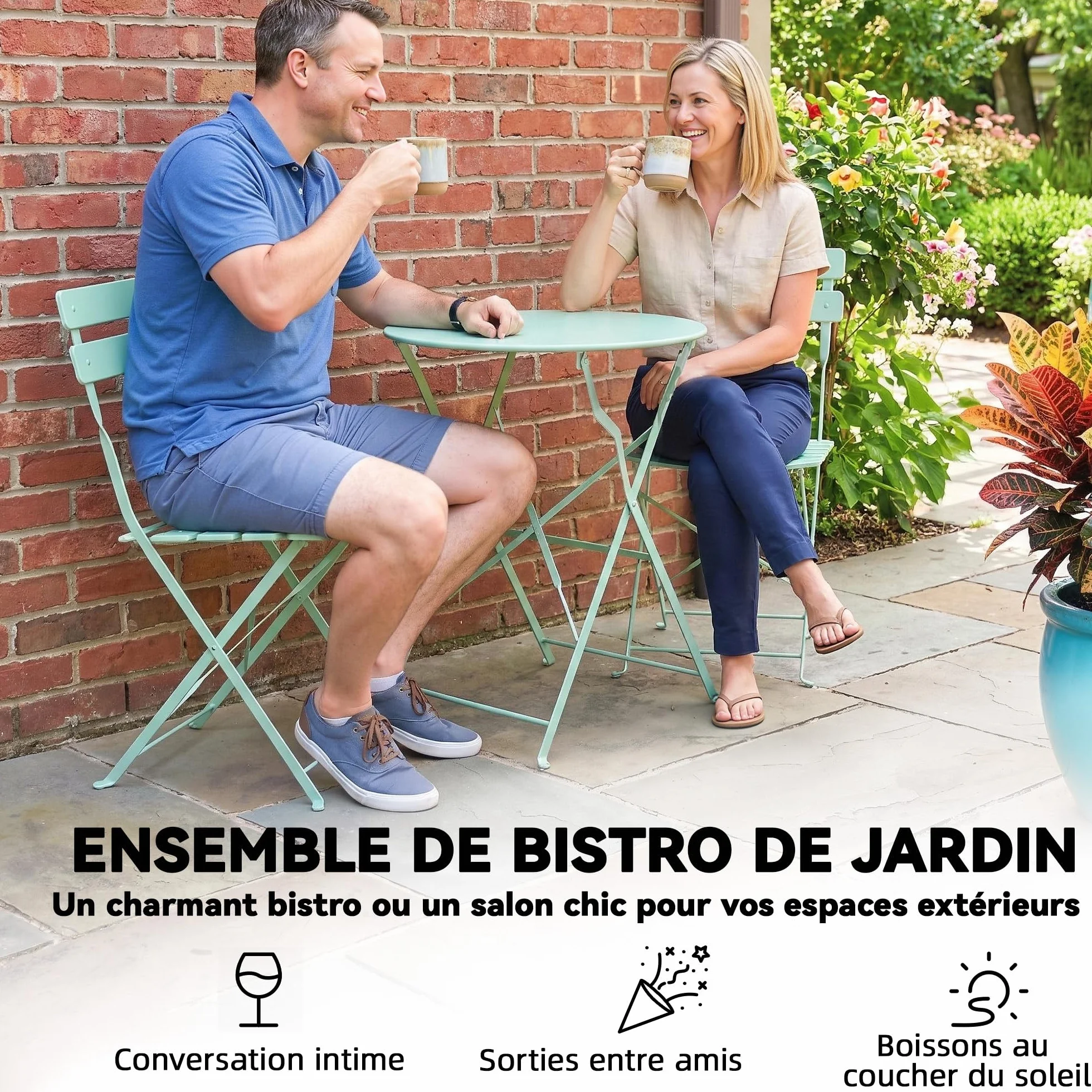 Outsunny Ensemble Bistrot de Jardin 3 Pièces Table et 2 Chaises Pliantes Métal Antirouille Vert