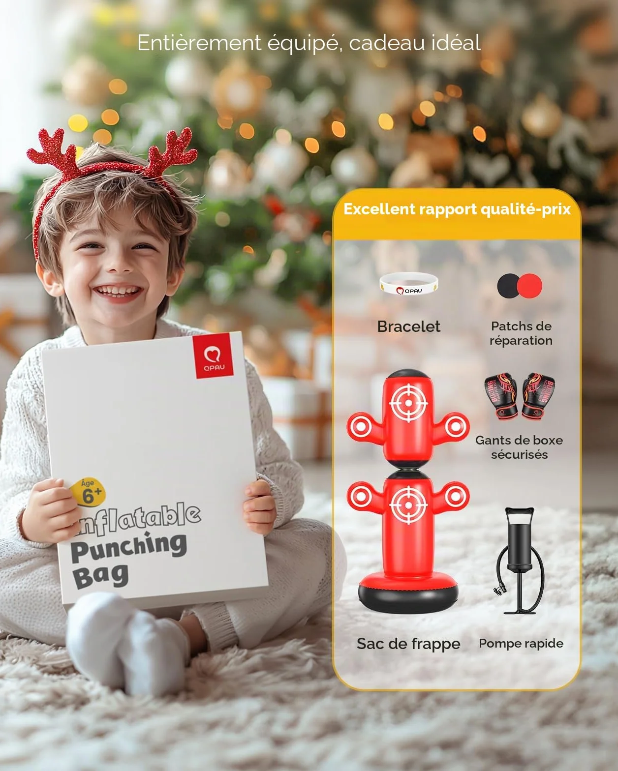 QPAU Rotatif à 360° Punching Ball pour Enfants, 162,6 cm Gonflable Sac de Frappe pour Enfant 6-14, Sac de Boxe Set pour Pratique du Karaté, Taekwondo