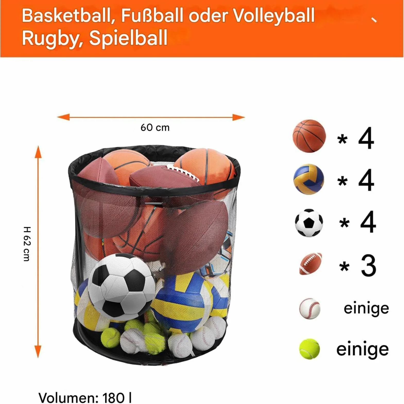 Rangement pour balles d'extérieur – Nylon 60 x 60 x 62 cm | Boîte de rangement portable en maille de grande capacité pour garage | Rangement d'équipements de sport pour jardin, terrasse, terrain