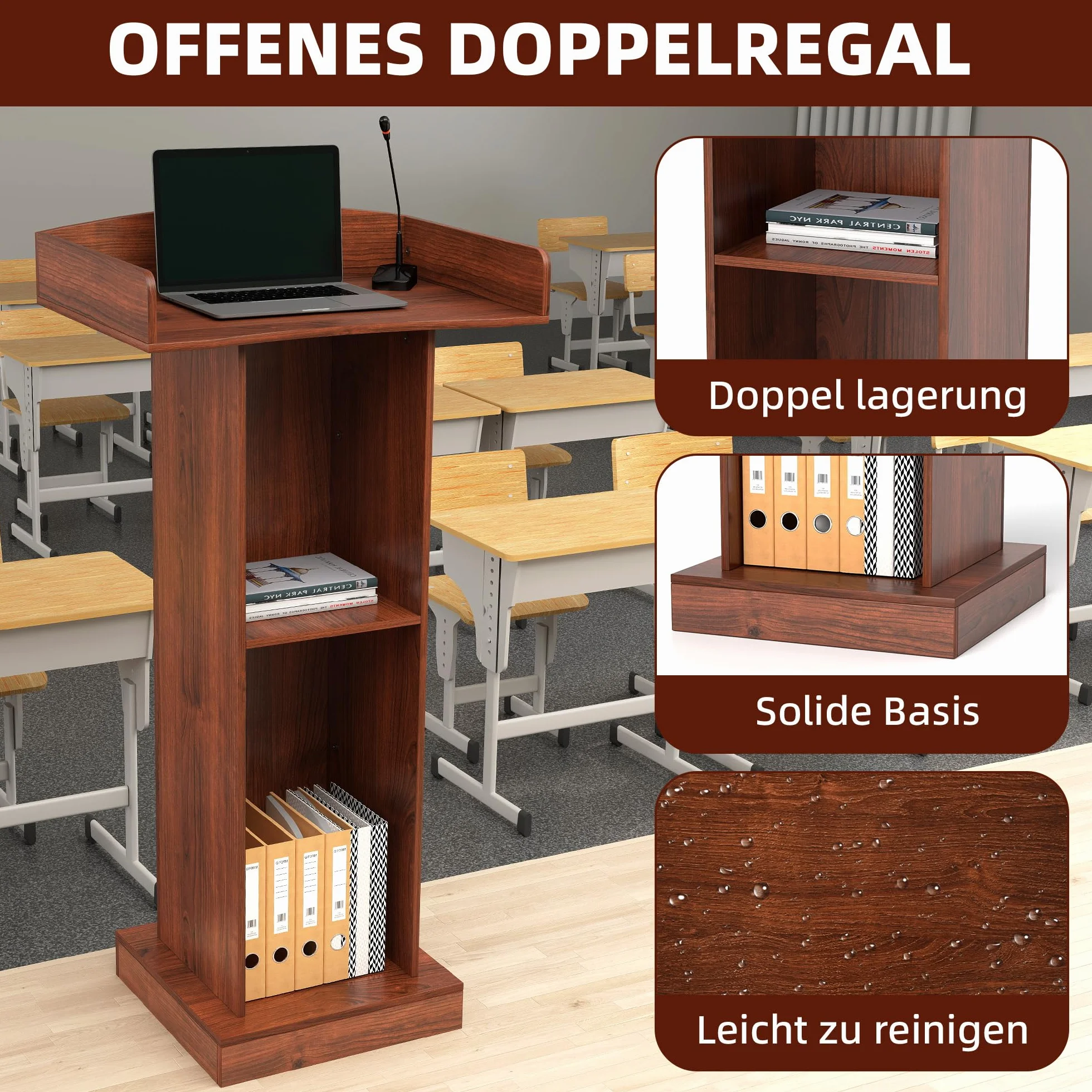 Pupitre en bois avec étagère de rangement 2 étages 60x41x120 cm pour salle de classe bureau restaurant