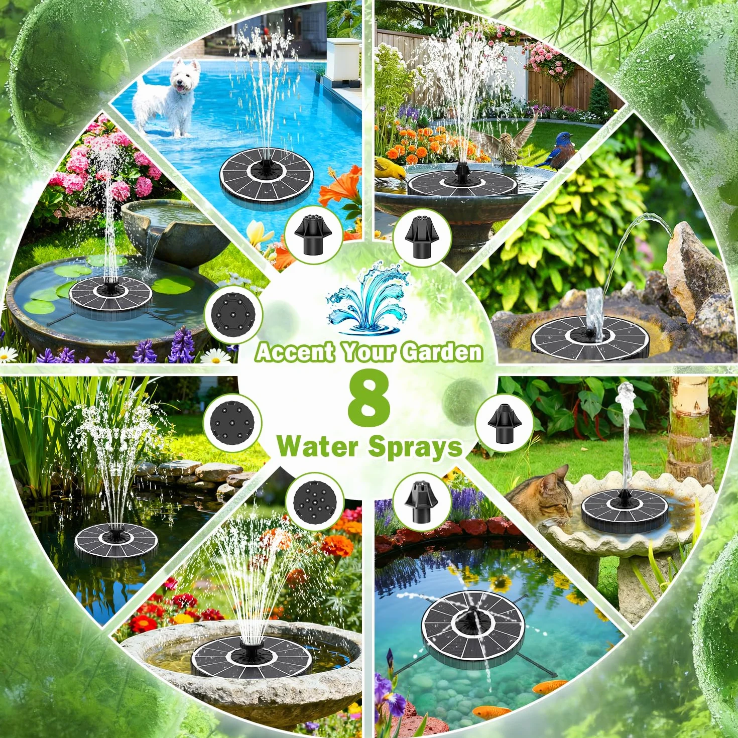 Fontaine Solaire Extérieure Flottante 3.5W Pompe Bassin Jardin 3 Hauteurs Jet 8 Buses 4 Tiges Rotative