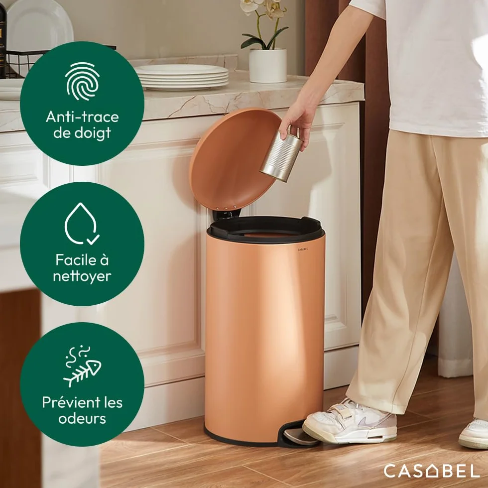 Poubelle Cuisine 30 L Acier Inox Anti-Traces avec Pédale Ronde Terracotta