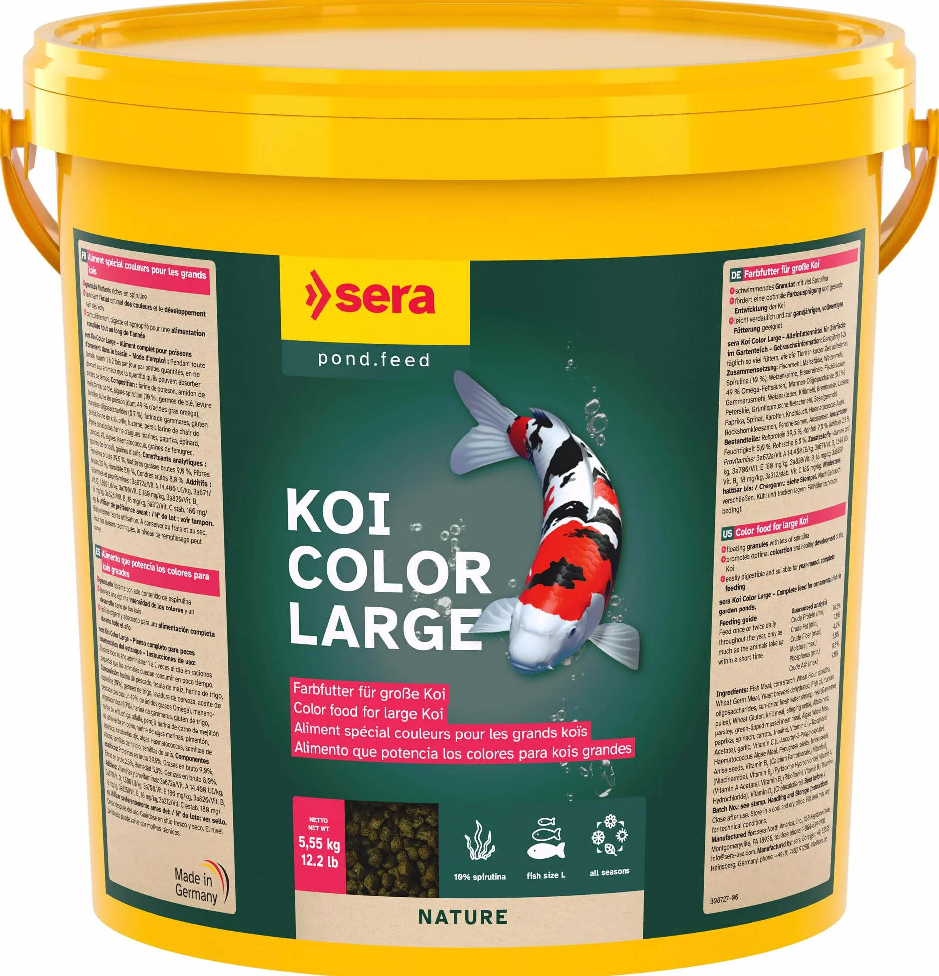Sera Koi Color Large 21 L (5,55 kg) Aliment spécial Couleurs Naturel pour koïs éclatantes à partir de 25 cm granulés flottants