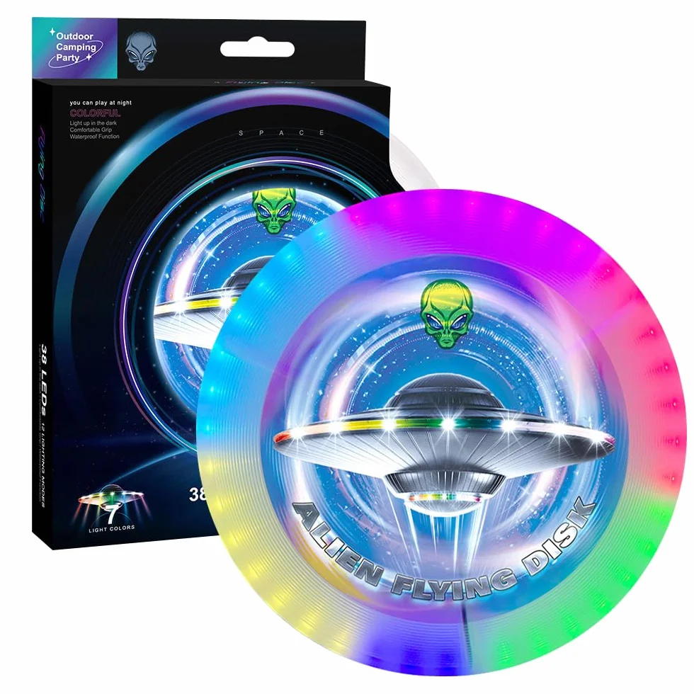 Frisbee Lumineux LED 12 Effets Etanche Batterie Rechargeable 38 Lumières Extérieur