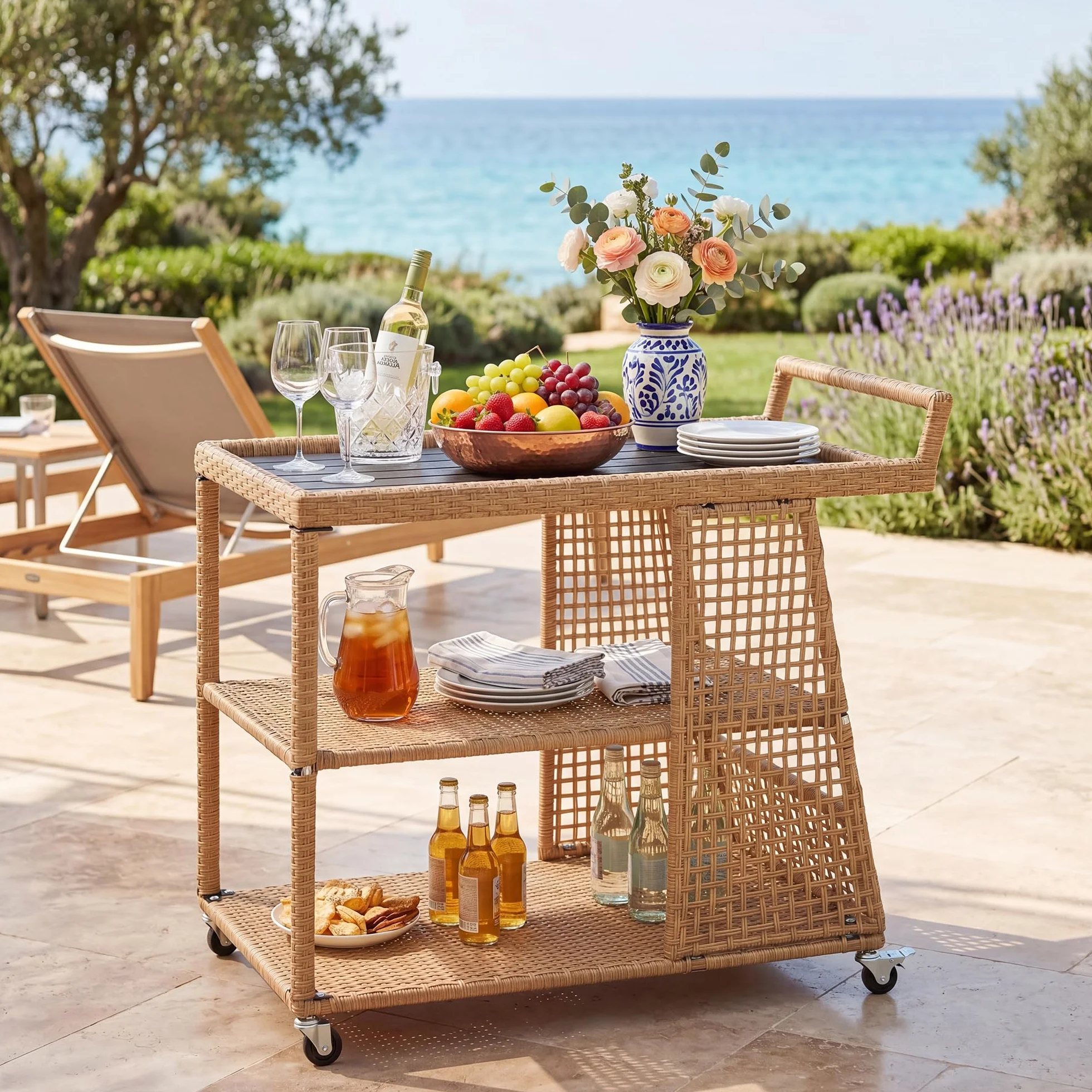 SOARS Chariot de Bar Extérieur en Rotin PE, 3 Niveaux, Desserte de Jardin