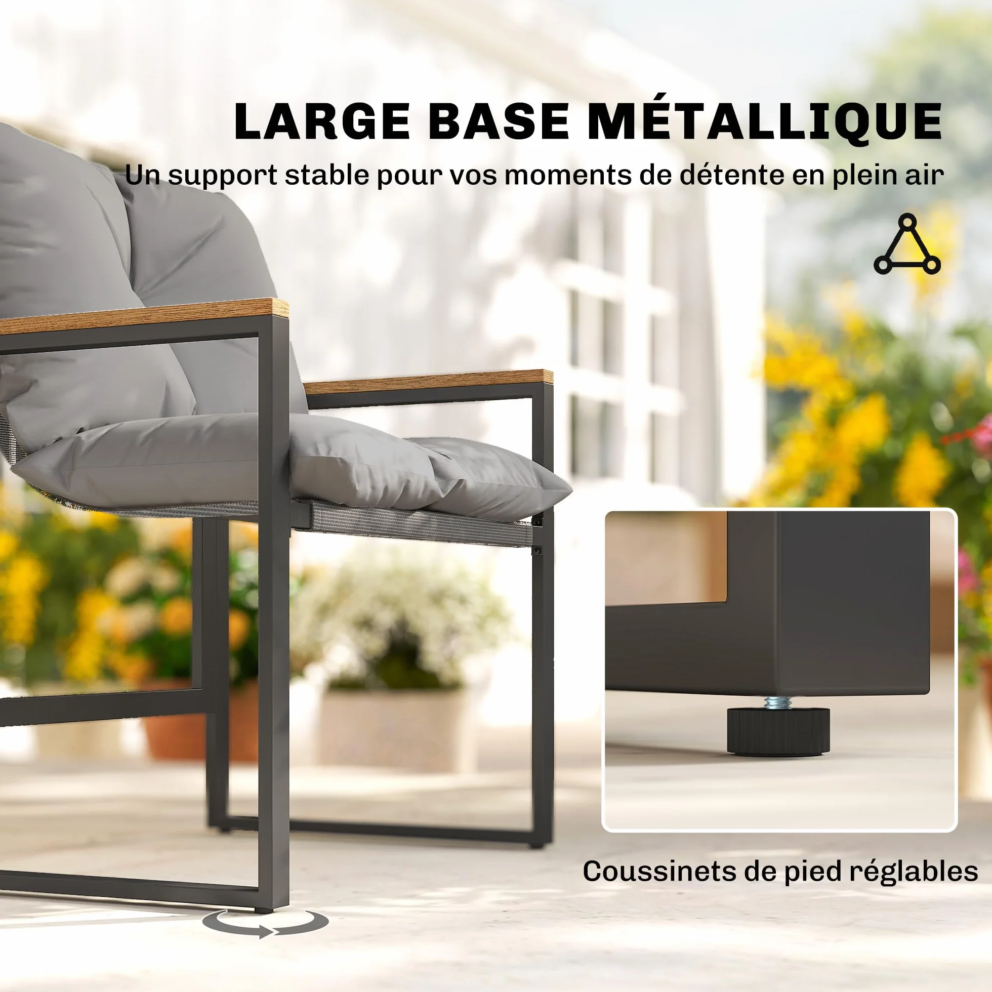 Outsunny Salon de Jardin 3 Pièces 2 Places avec Table Basse Verre trempé Gris