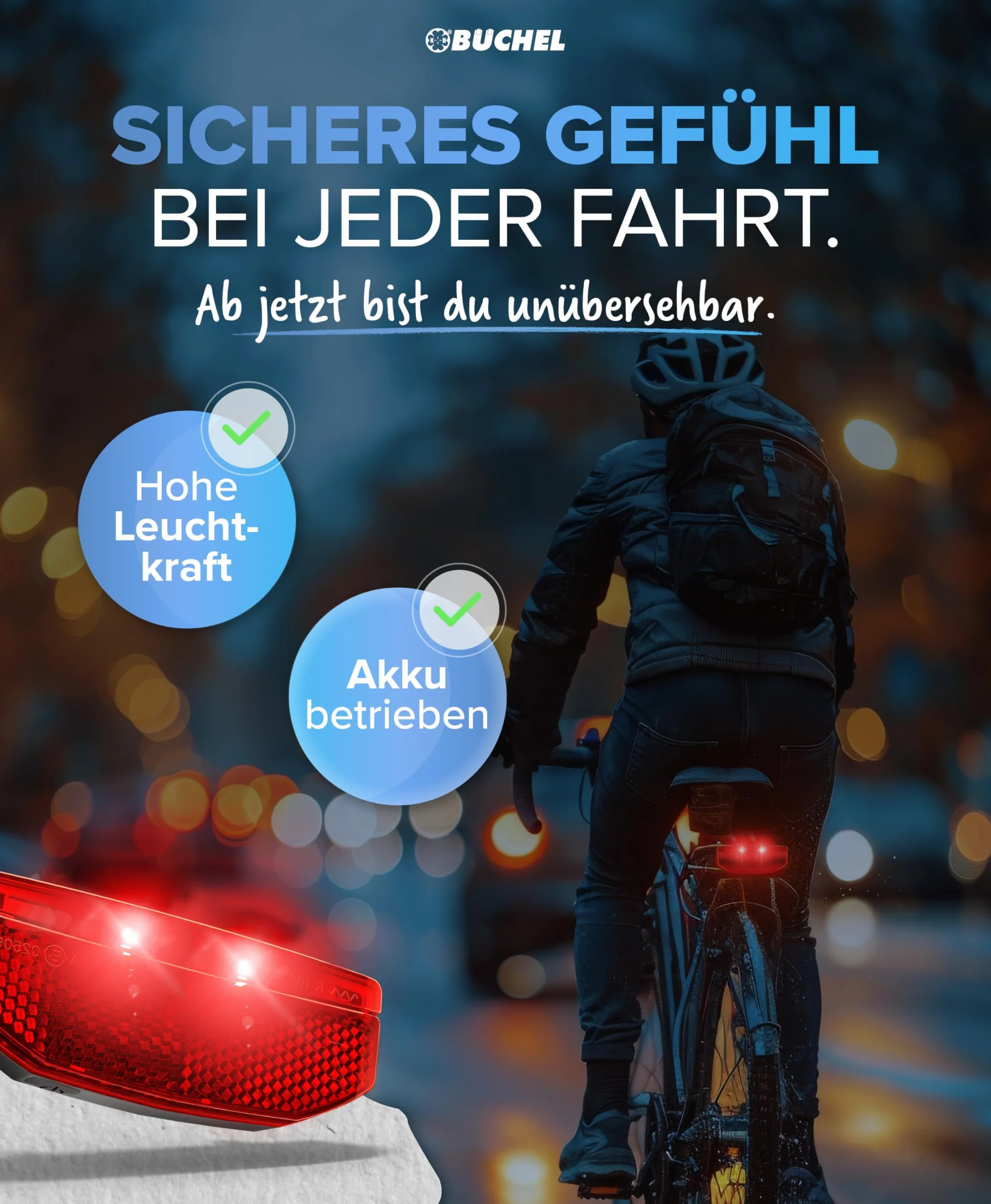 Büchel Feu arrière LED pour porte-bagages – USB-C rechargeable, approuvé StVZO, étanche IPX5, noir