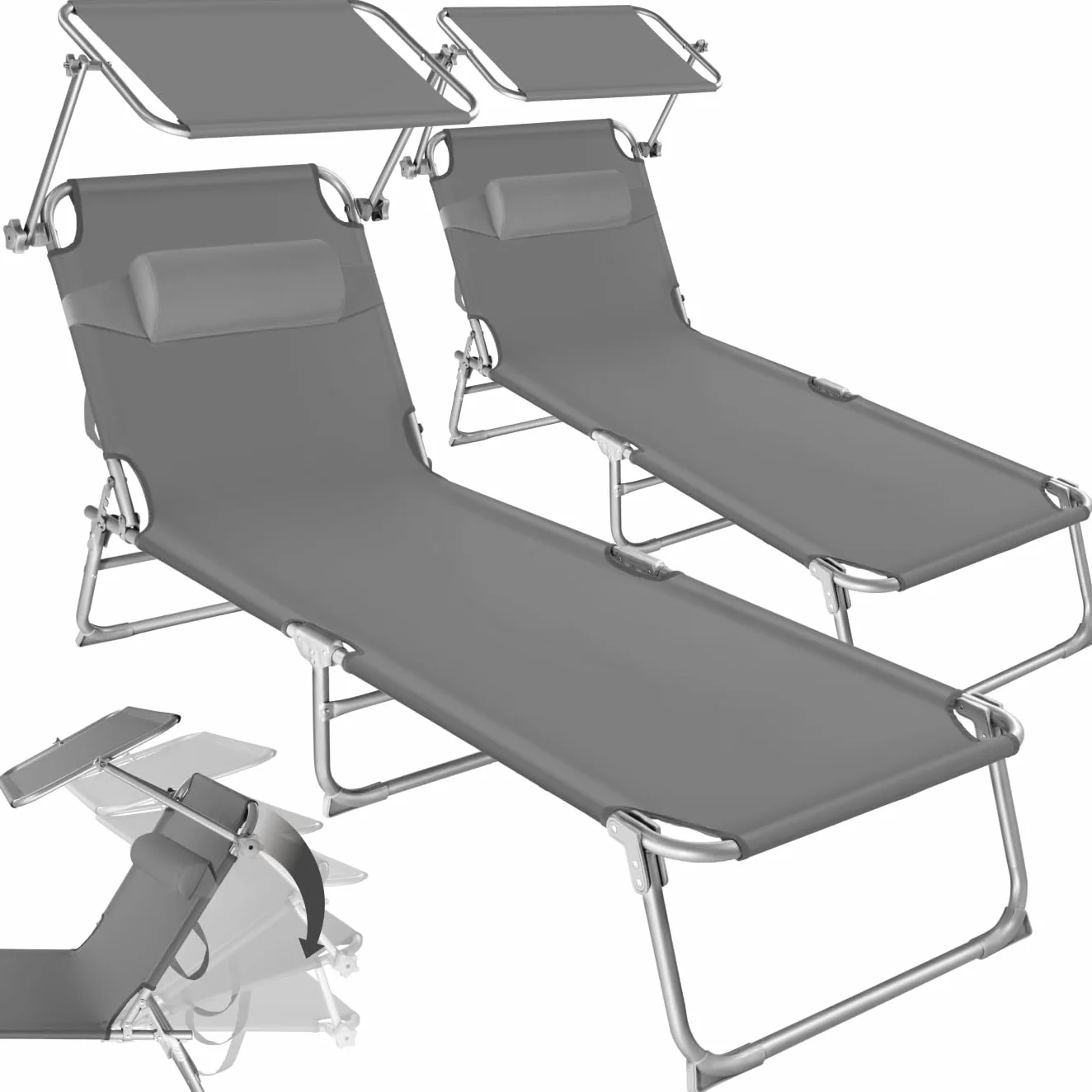 Tectake Set de 2 Chaises Longues Pliantes avec Pare Soleil & Appuie-tête - Transat Inclinable de Plage Gris
