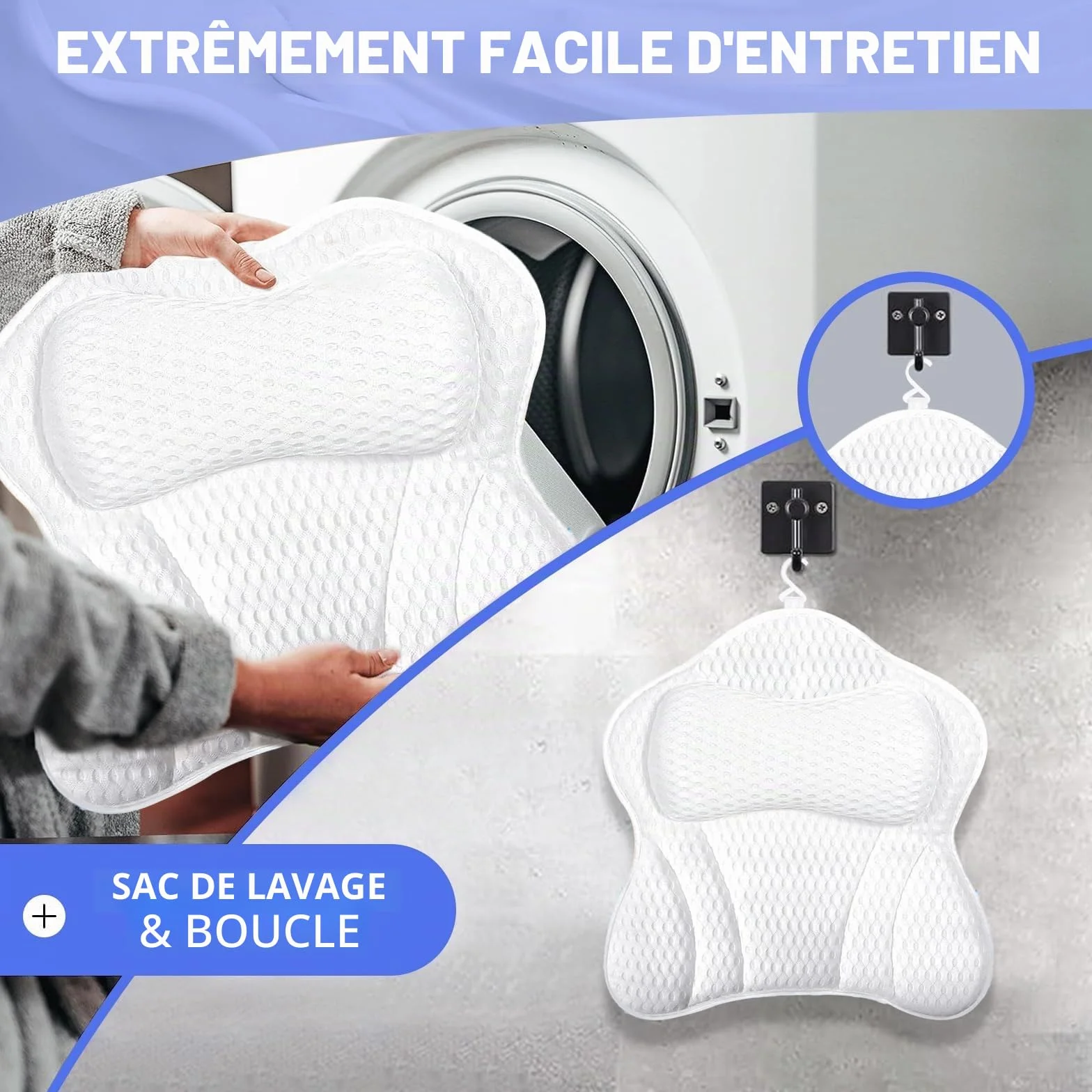 Oreiller de Bain Ergonomique 4D avec Ventouses Antidérapantes, Coussin de Baignoire Amovible, Repose-Tête, Accessoires de Bain Spa Blanc