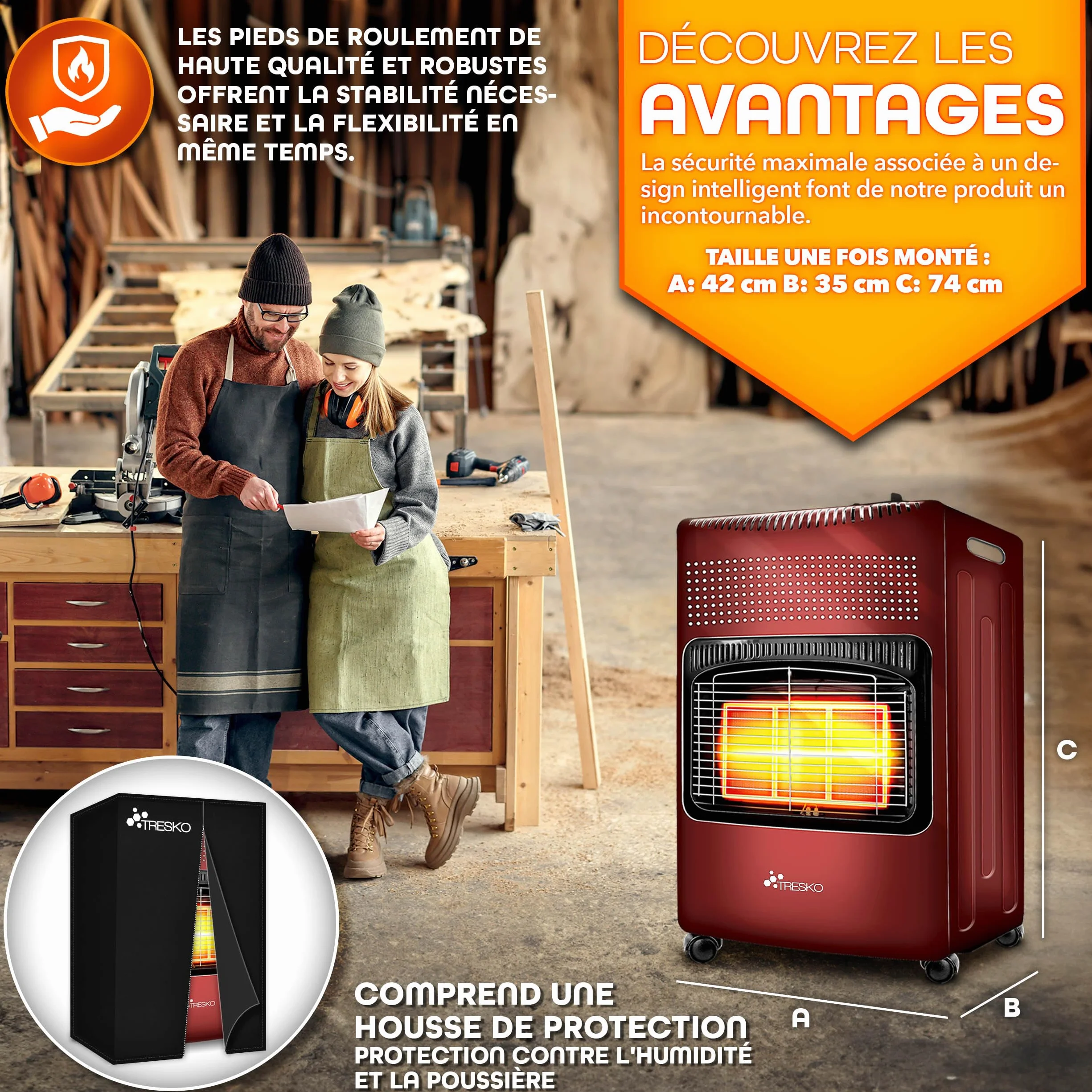 TRESKO Chauffage au gaz portable 4200 W intérieur régulateur de pression tuyau housse protection 3 niveaux chauffage réglables mobile