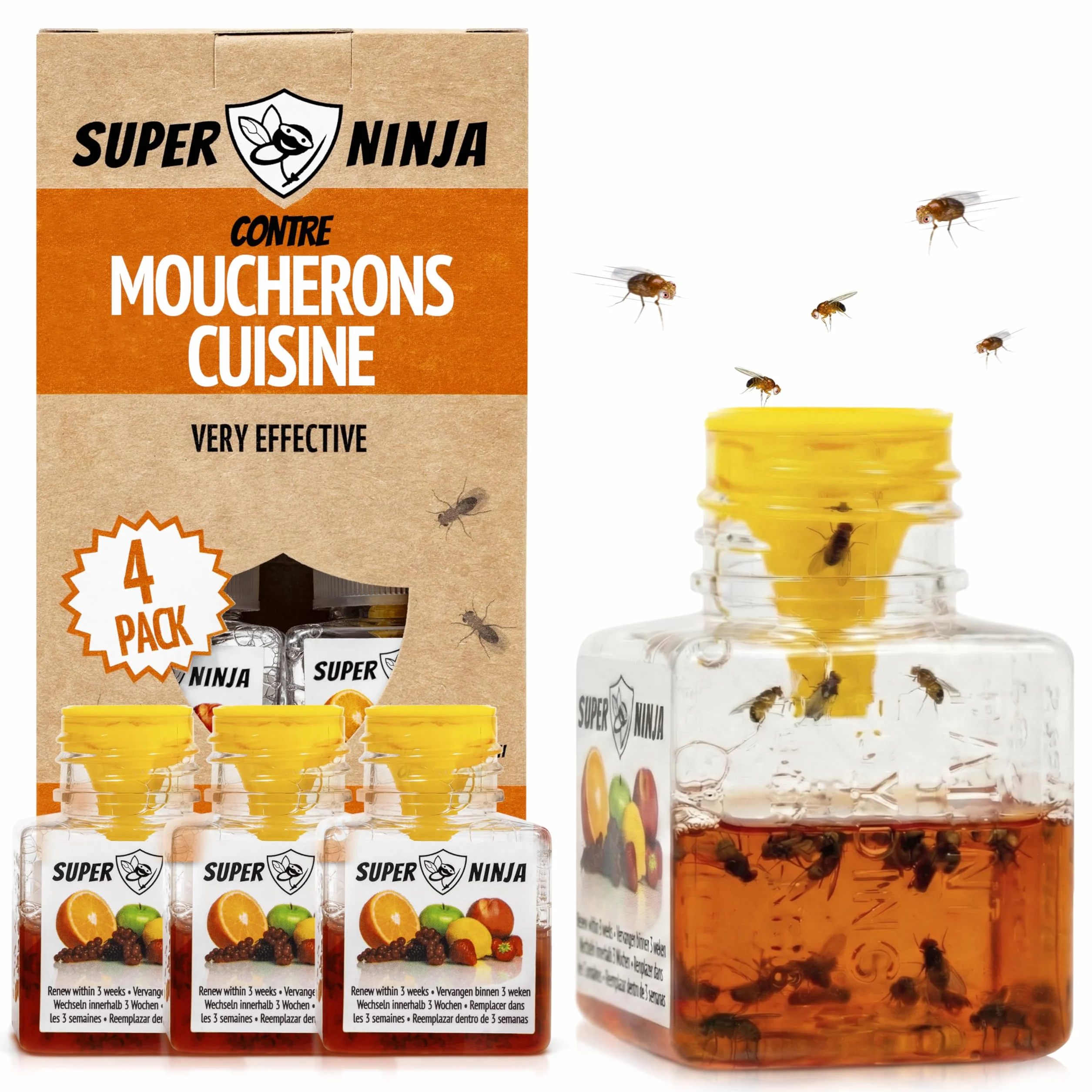 Pièges Anti Moucherons d'Intérieur Cuisine Lot de 4 – 3 Semaines d’Action, Sûr pour Enfants et Animaux