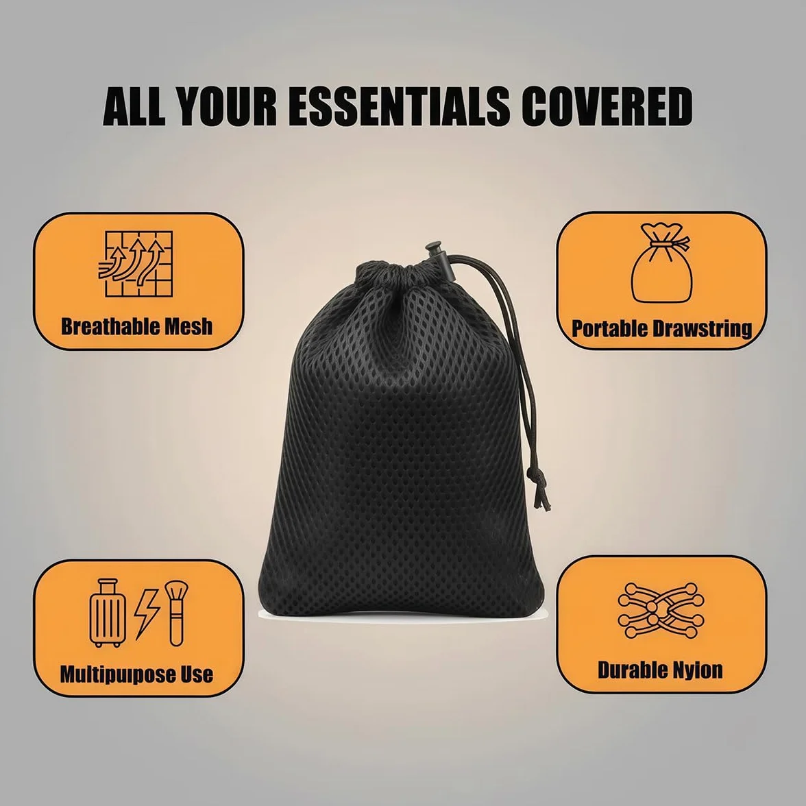 Lot de 6 petits sacs de rangement en maille de nylon noir avec cordon de serrage pour mini affaires, téléphone portable, MP3, cosmétiques - 10 x 15 cm