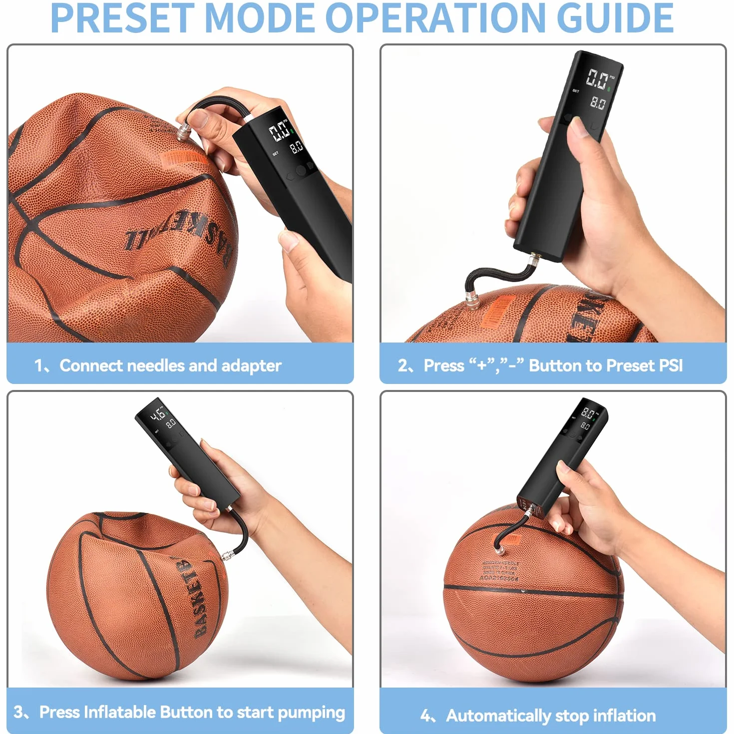 Kizplays Pompe à Ballon électrique Intelligente, Portable, gonflage Rapide de la Balle avec manomètre précis et écran LCD numérique pour Football, Basketball, Volley-Ball (2 Aiguilles et 1 buse)