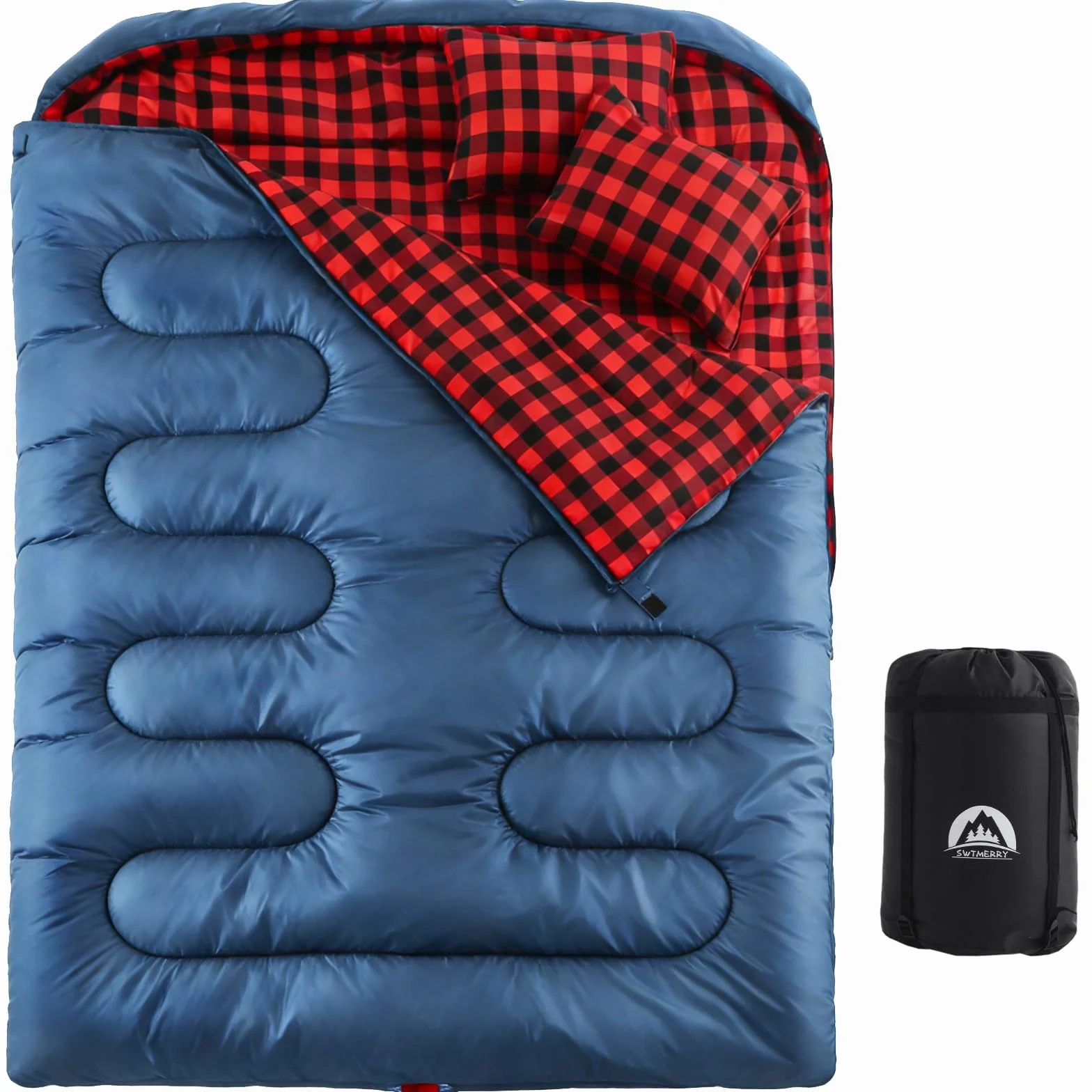 SWTMERRY Sac de couchage double pour adulte - Sac de couchage pour 2 personnes - 230 x 160 cm - Avec 2 coussins - Pour la famille, l'extérieur, la randonnée, les voyages