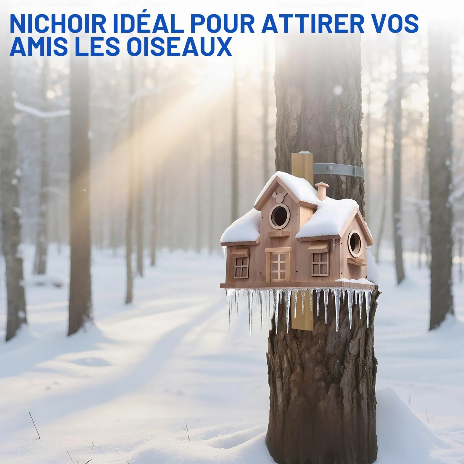 Nichoir à oiseaux décoratif en bois pin naturel double entrée