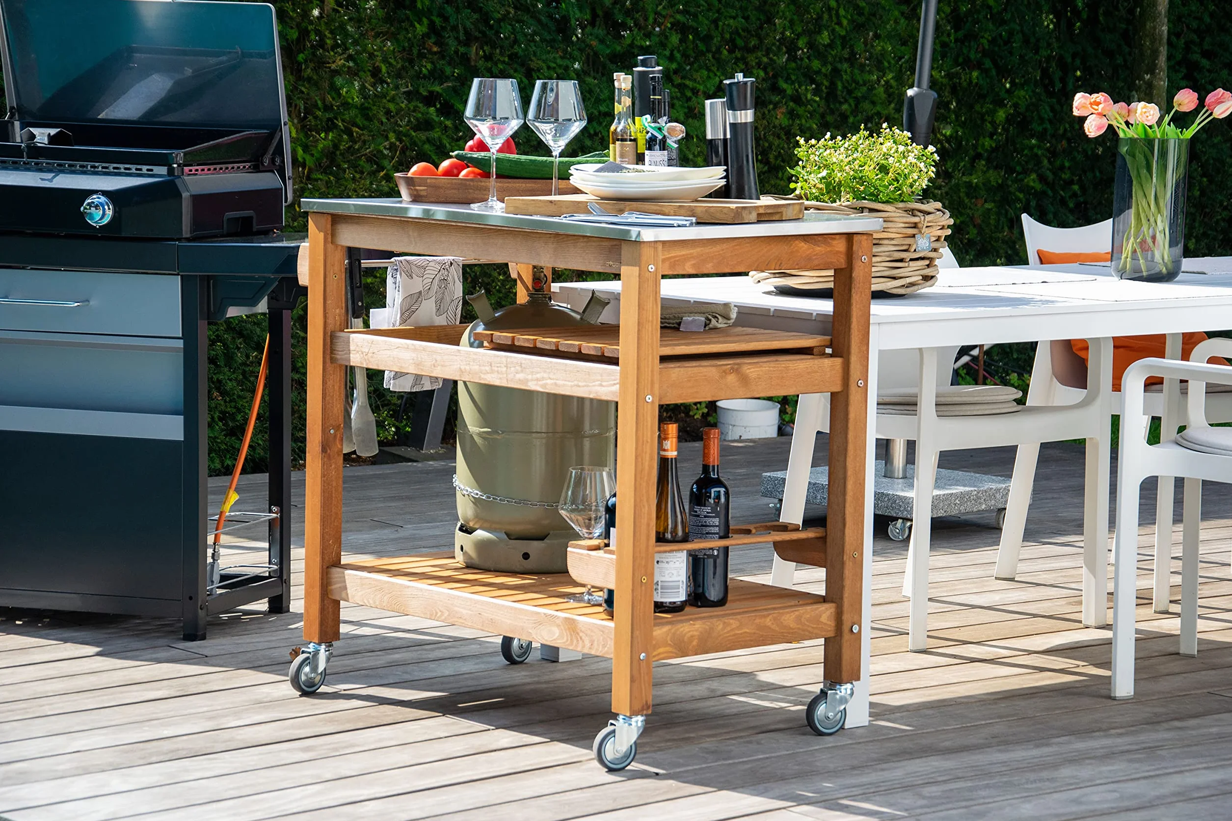 dobar Desserte à roulettes d'extérieur Plateau Acier Inoxydable 94 x 58 x 90 cm Pin Marron