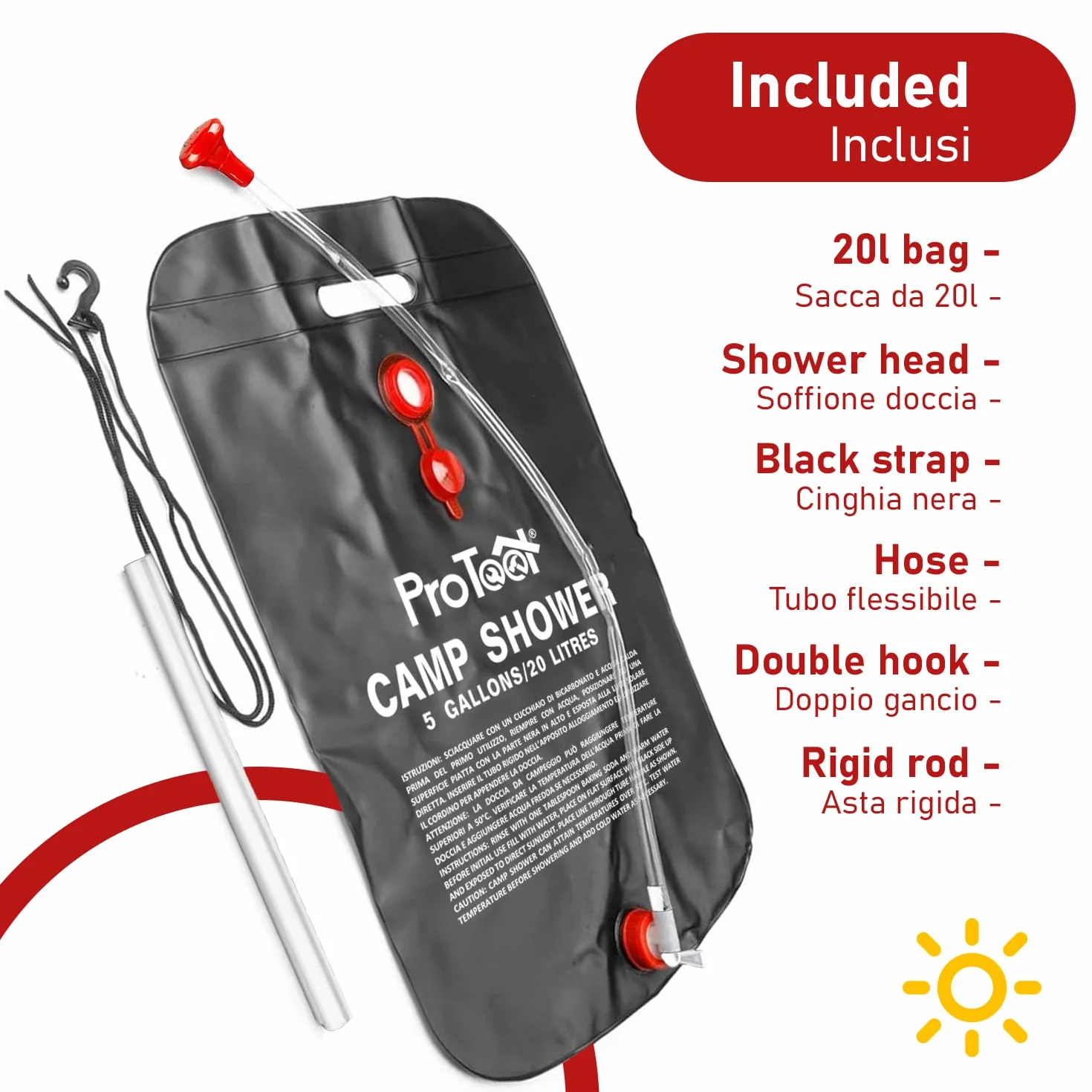 Douche Solaire Portable 20L – Sac de Douche Camping Chauffant avec Flexible et Pommeau Amovible – Chauffe Eau Solaire Extérieur 45°C – Douche de Camping pour Randonnée, Plage, Piscine & Van
