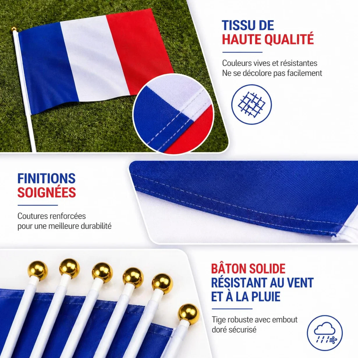 Kit 10 Pièces Petits Drapeaux France 14x21 cm avec Bâton Plastique 30 cm + 2 Feuilles de Tatouages – Drapeau Français Supporter Football