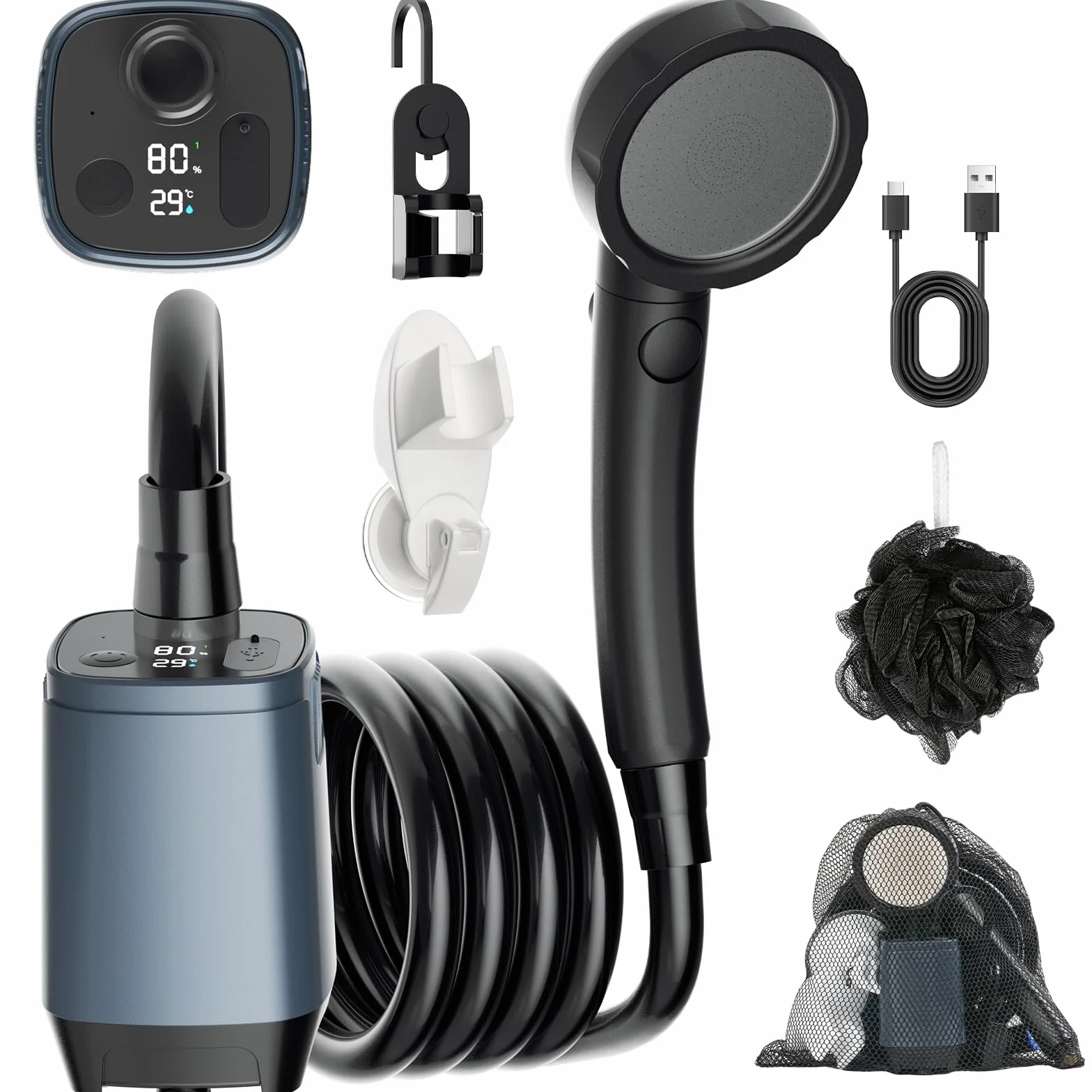 Douche de Camping Portable,avec Ecran Intelligent & 6000mAH,Pompe de Douche Rechargeable,IPX7,4 Modes de Douche et Tuyau de 2M pour Voyages,Randonnées,Camping, Douches, Animaux de Compagnie