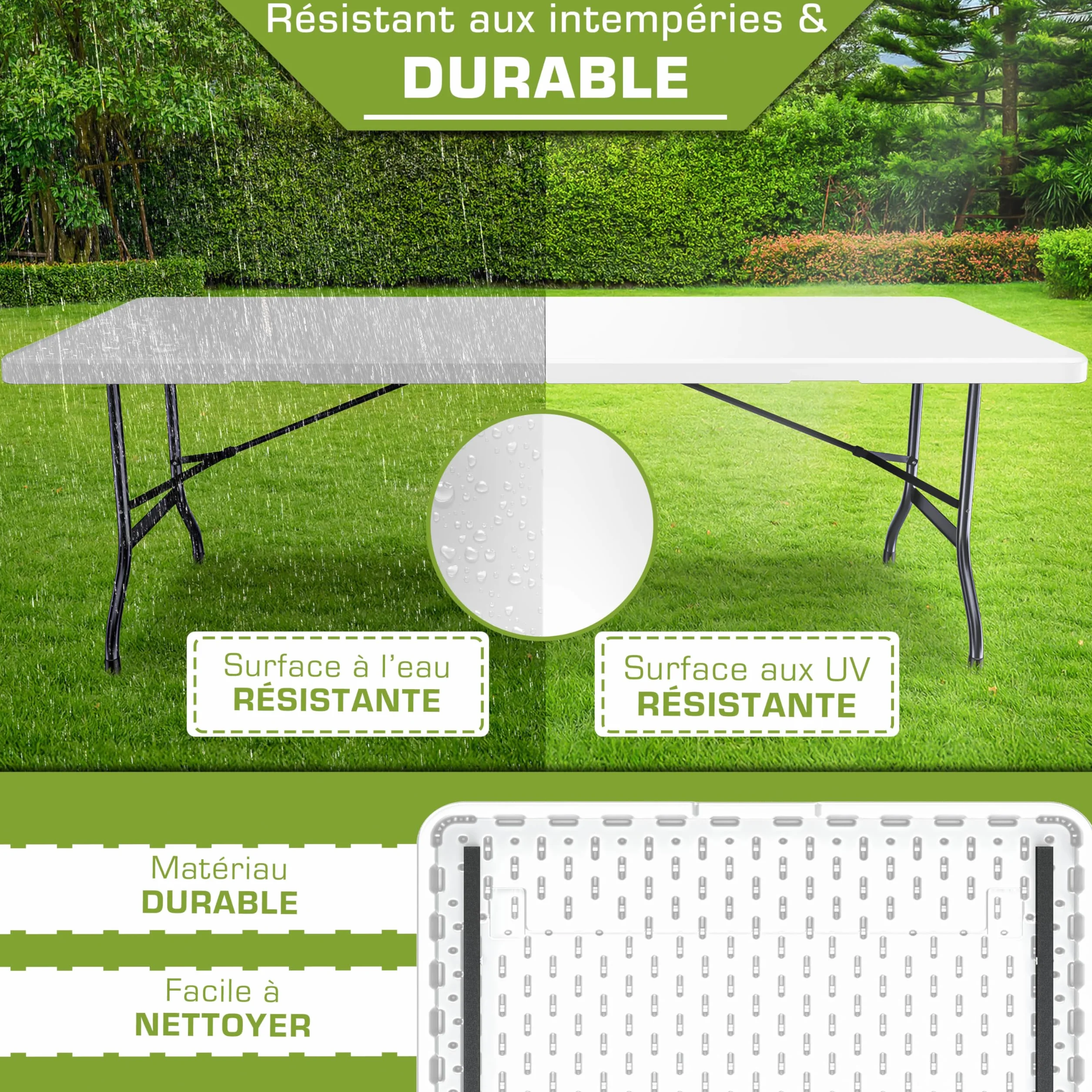 Tillvex Table de Jardin Pliante en Plastique 180x75 cm avec Poignée 8 Personnes