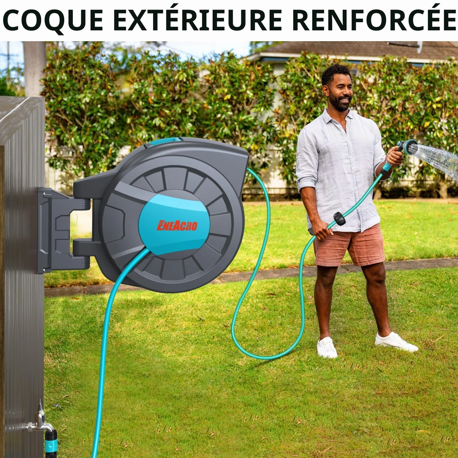 ENEACRO Dévidoir Enrouleur Automatique 35+2 m Montage Mural Pistolet à eau 10 fonctions Pivotant 180°