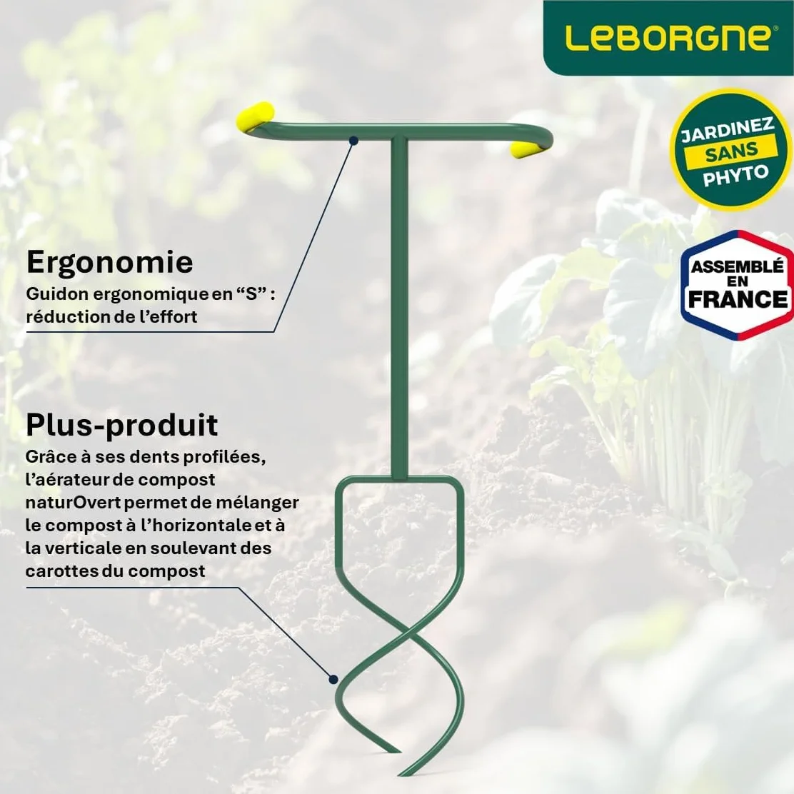 Leborgne Aérocompost Naturovert Aérateur de Compost Écologique Ergonomique Dents Profilées Vert
