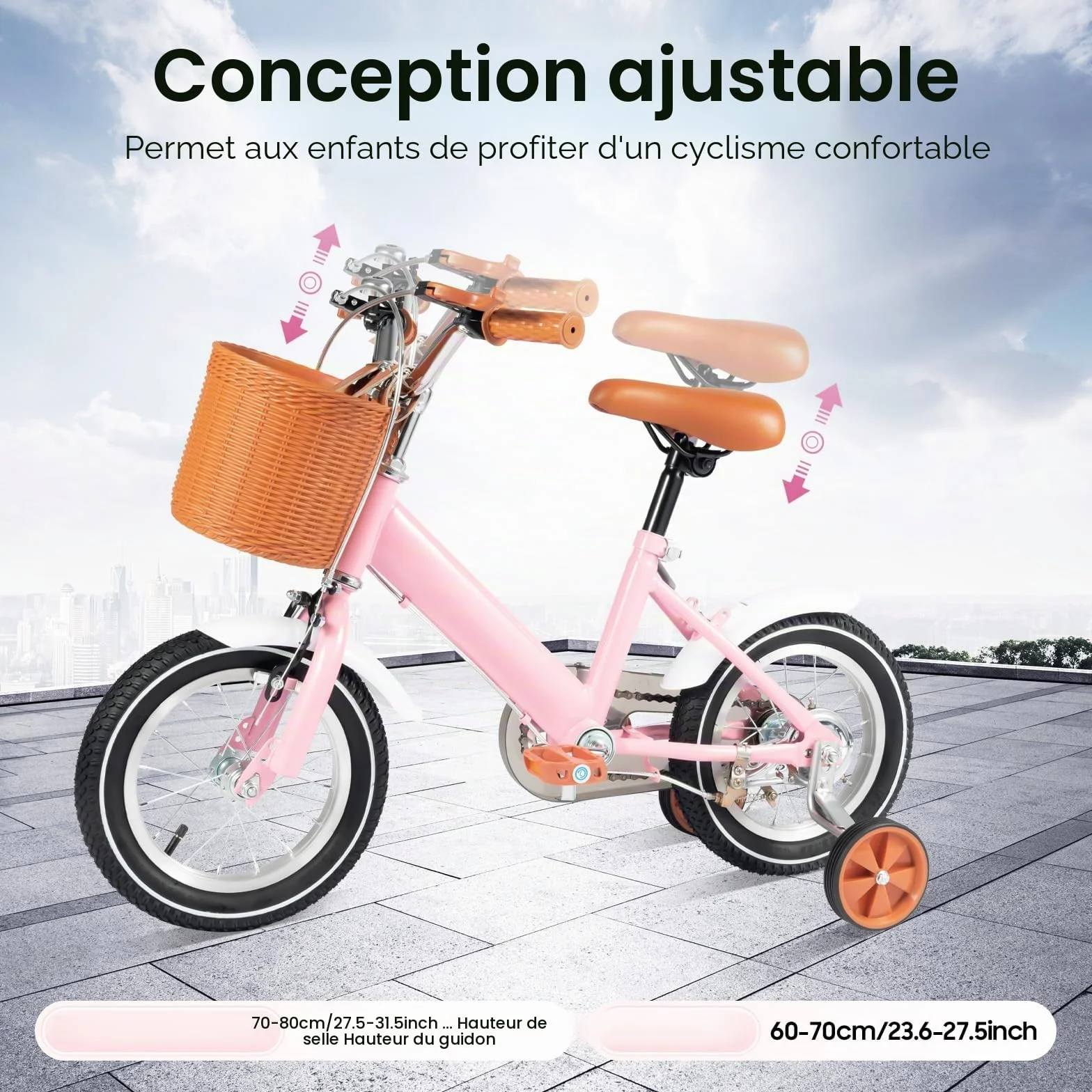 Vélo pour enfant de 12 ", vélo pour enfants à partir de 3 ans, vélo pour enfants avec panier et roues stabilisatrices, siège et guidon réglables en hauteur