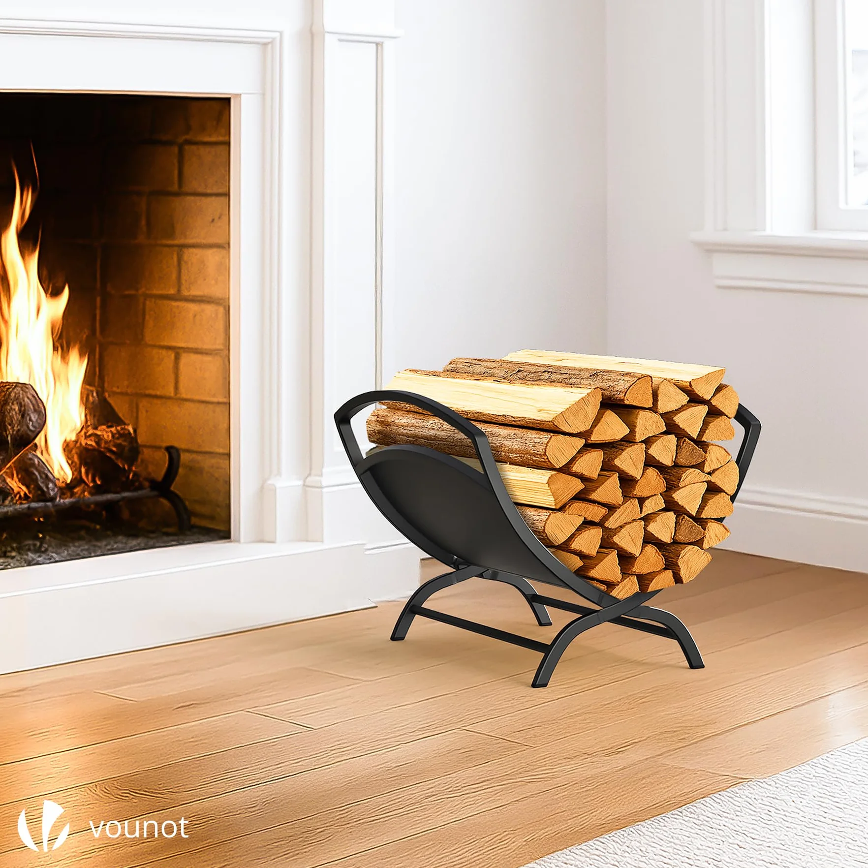 Vounot Range Bûche en Métal 40.5x32x33cm Noir Porte Bûche pour Cheminée Intérieur Extérieur
