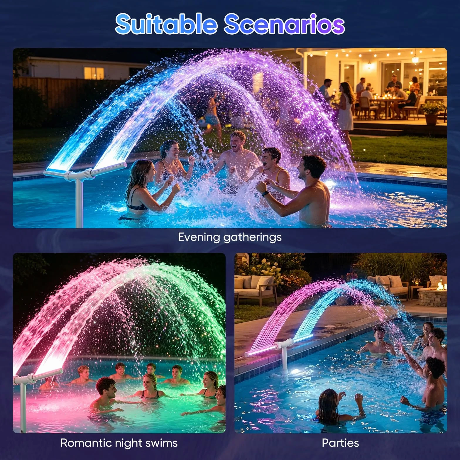 Fontaine solaire cascade LED télécommande APP 11 couleurs 6 modes rechargeable 10h autonomie piscine hors-sol encastrée