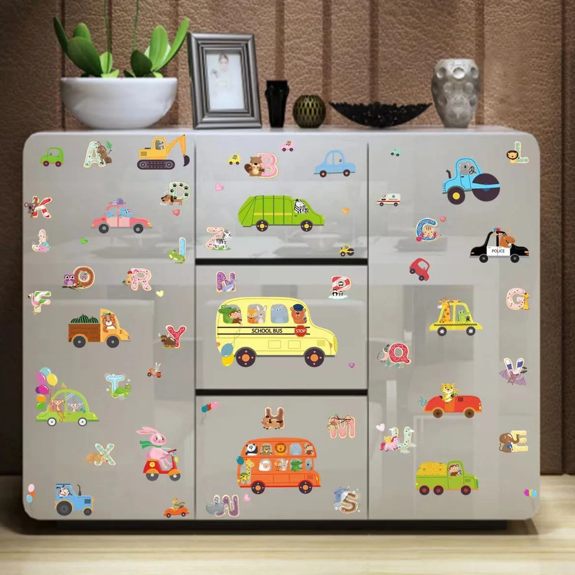 Stickers fenêtre enfant VOITURE + LETTRES réutilisable 62 pièces animaux jungle décoratifs vitres
