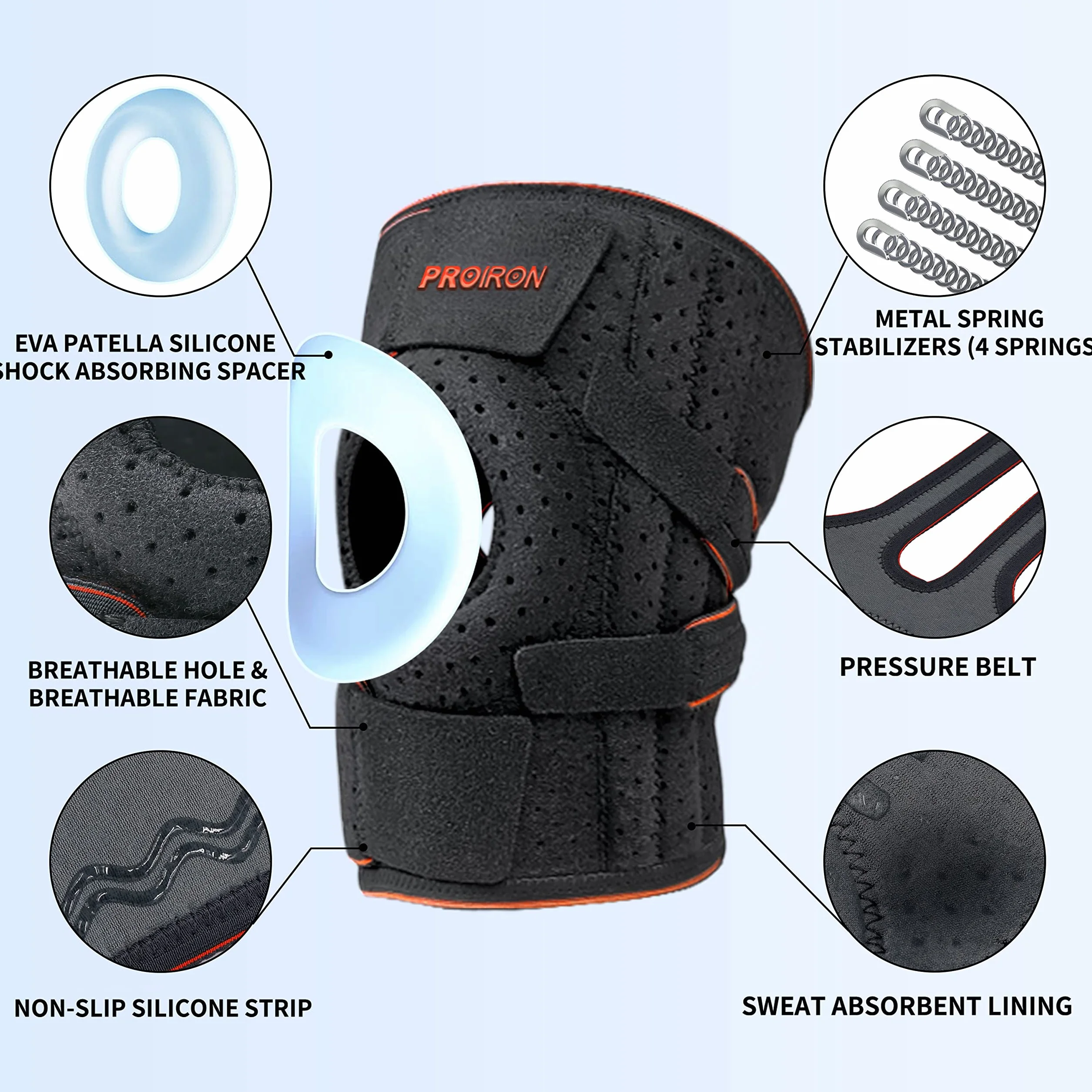 PROIRON Genouillère Sport Genouillère Régable, Genouillère Rotulienne et Ligamentaire avec Stabilisateur à ressort flexible Genouillères pour la Rotule,Noir