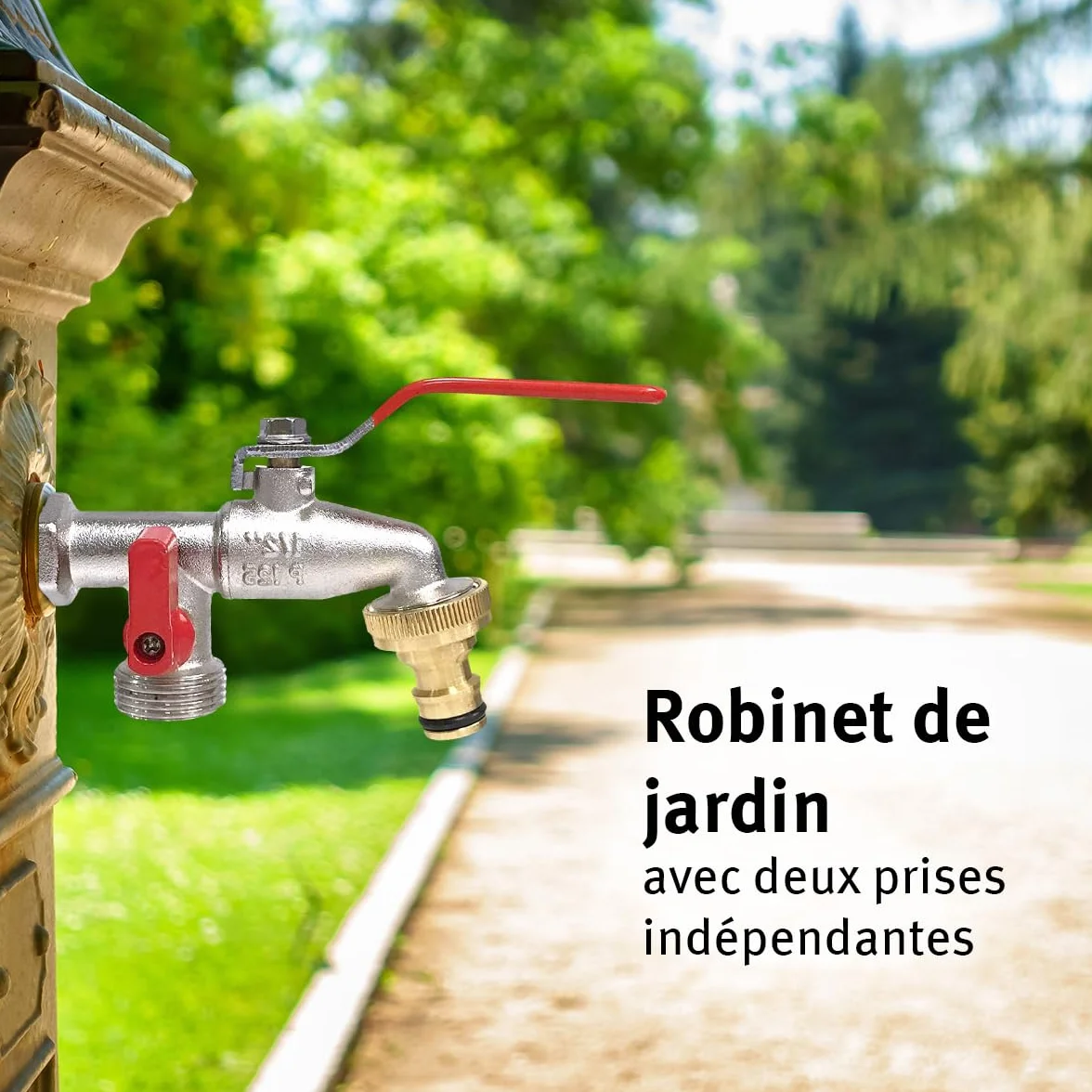 Robinet de Jardin Premium Double Sortie 1/2" - 3/4" Laiton Argent Aqua Control G6354