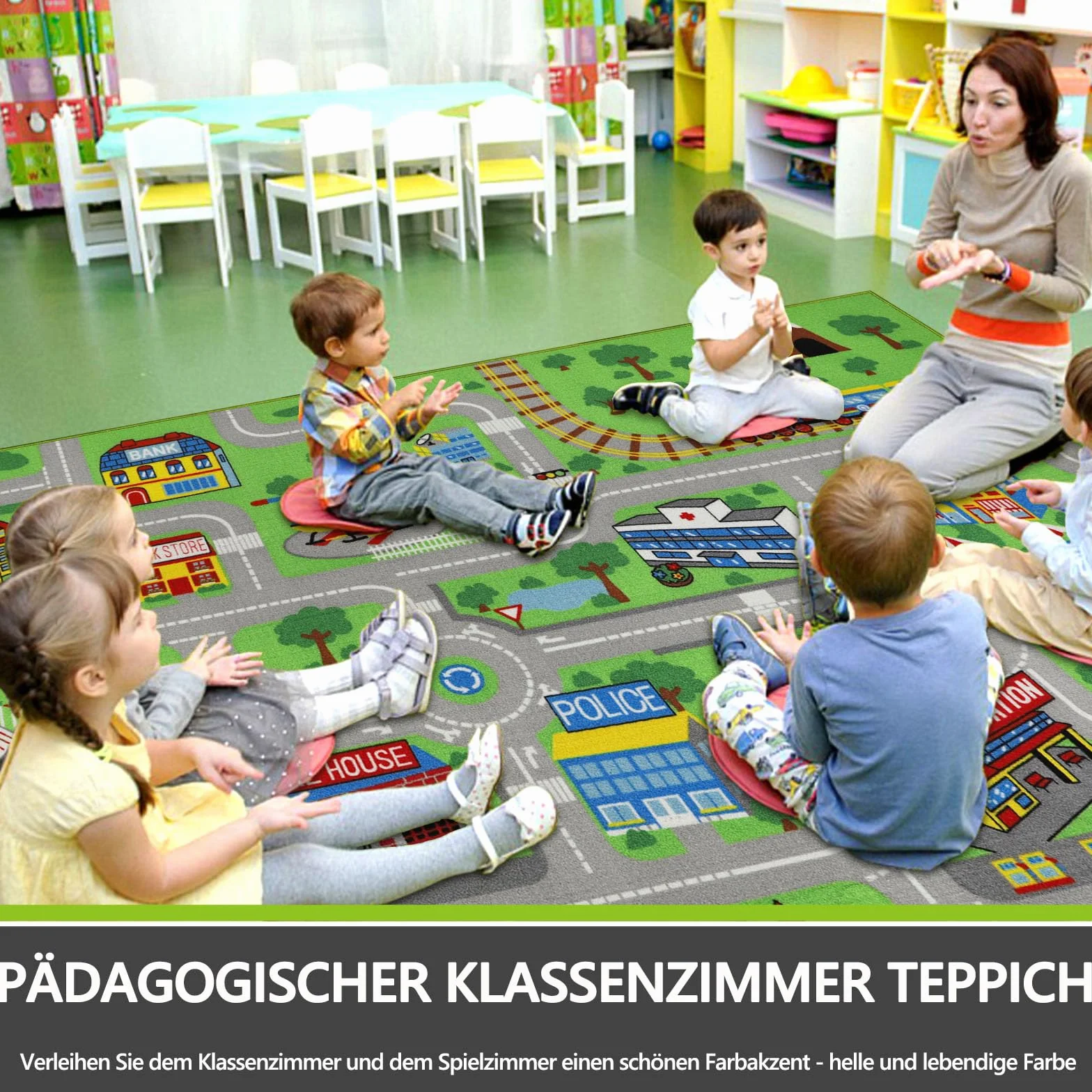 Tapis de salle de classe 200 x 300 cm - Tapis pour enfants - Voitures circulation routière - Jouet tout-petit