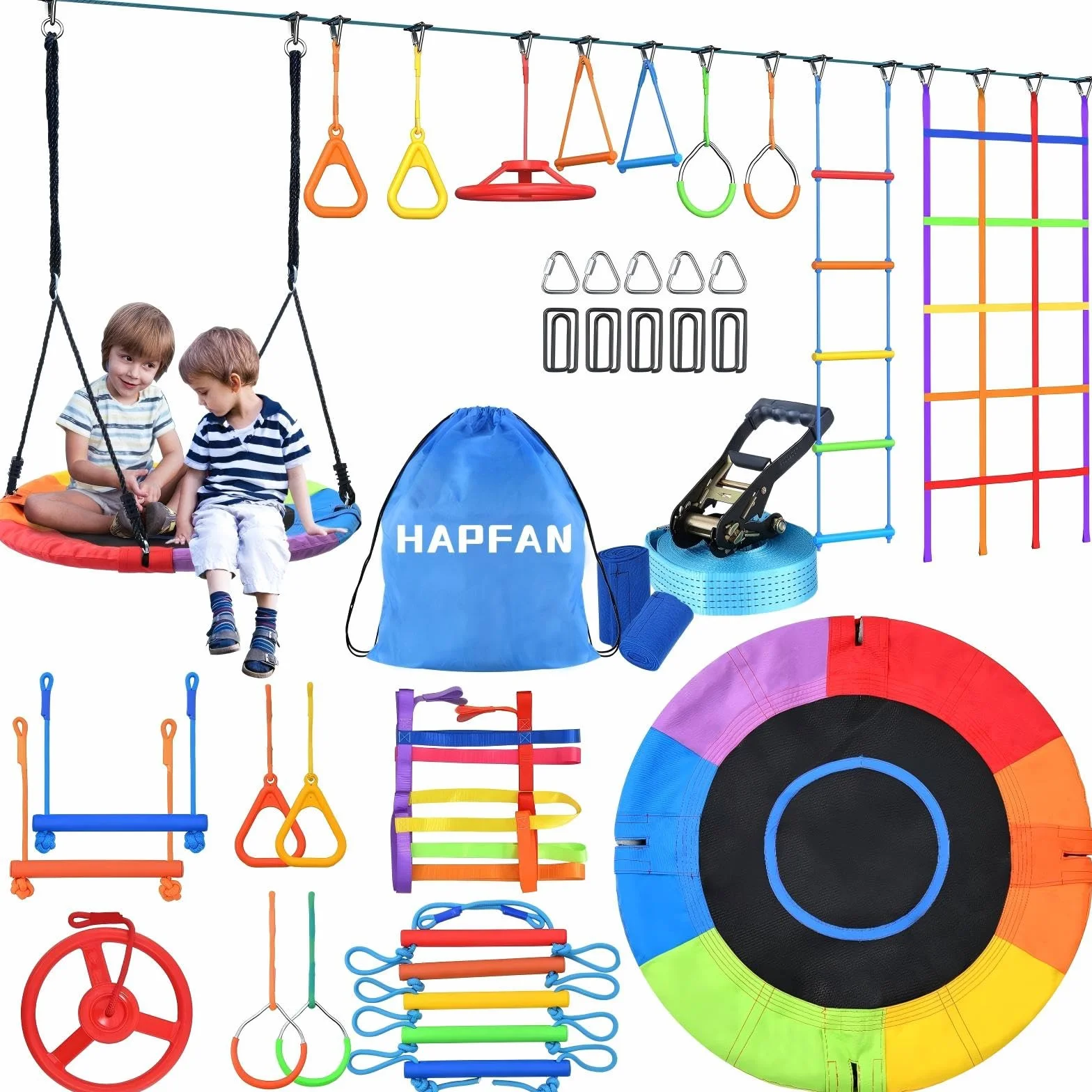 Hapfan Kit d'extérieur, pour enfant, de 15 m, avec poulie de corde, parcours ninja et balançoire, filet d'escalade, échelle d'escalade, anneau de gymnastique, protection des arbres, bleu