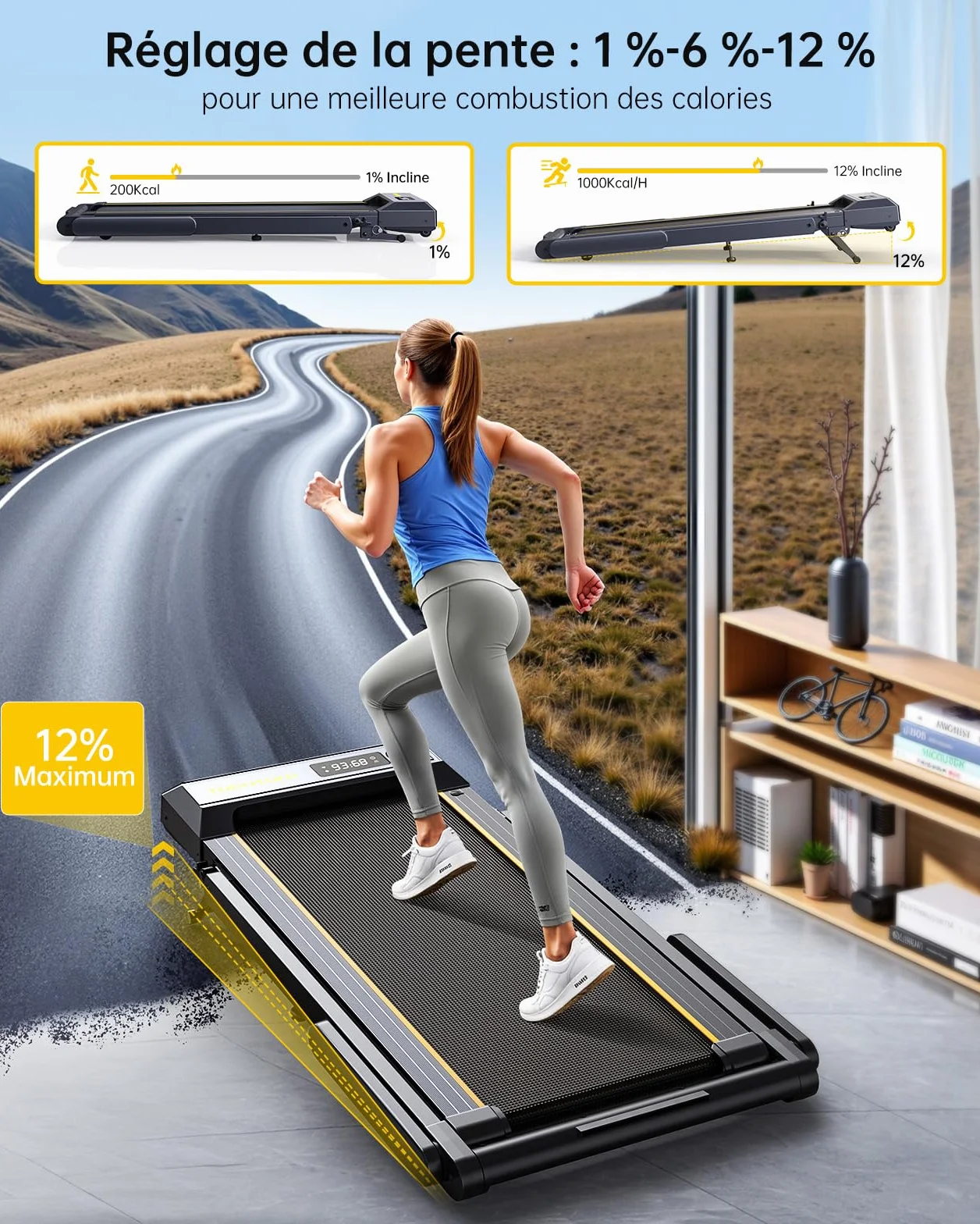 Tapis de Course, Vitesse Max 16 km/h, réglage de la Pente à 3 Vitesses, Max Pente 12%, Bande de Course Large 42cm, 2.5 HP, Tapis de Course électrique Pliable, Double écran LED, Mesure de la fréquenc