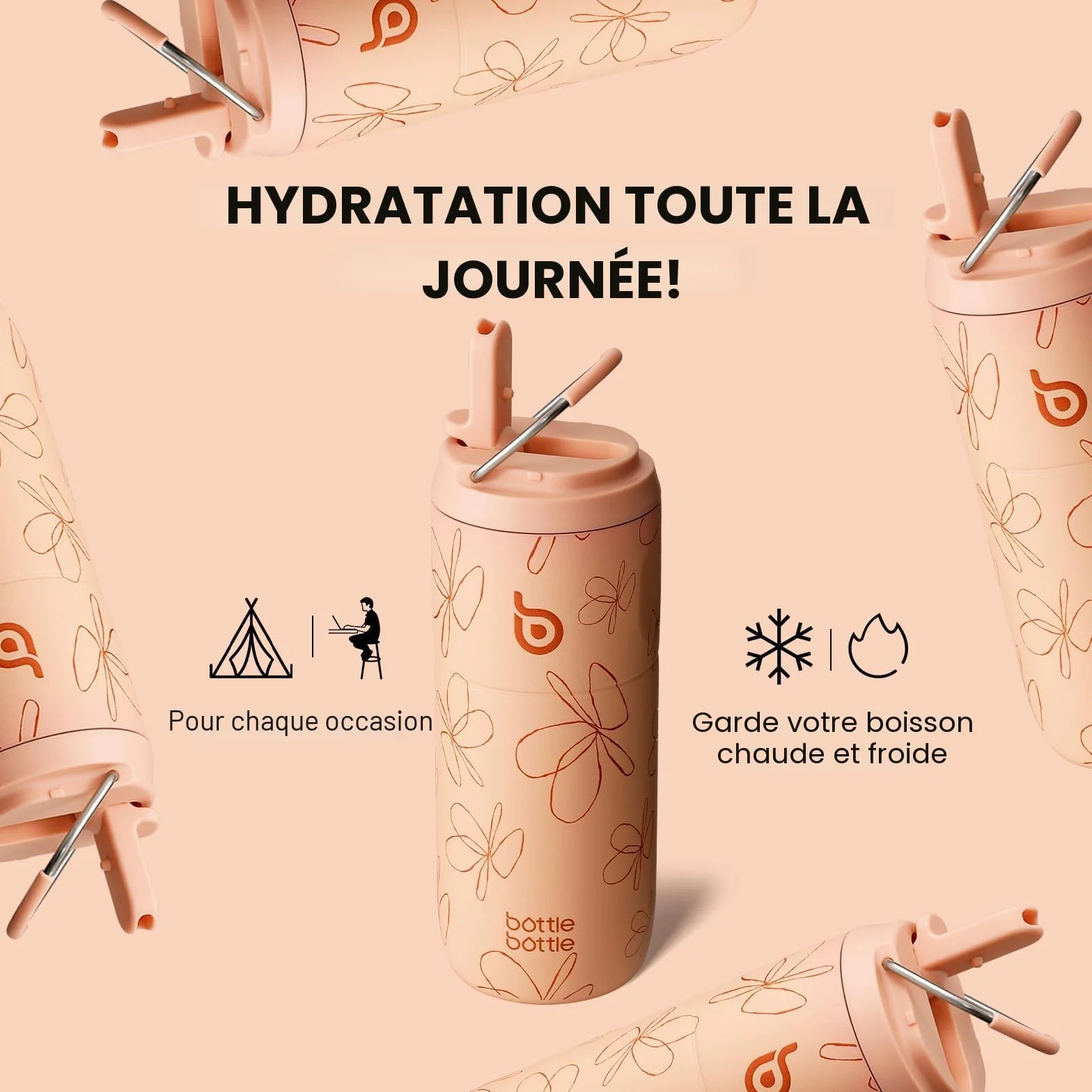 bottlebottle Gourde en acier inoxydable avec paille, 500 ml, sans BPA, couvercle anti-fuite, idéale pour l'école, le bureau, la randonnée et les excursions (motif de fleurs jaunes)