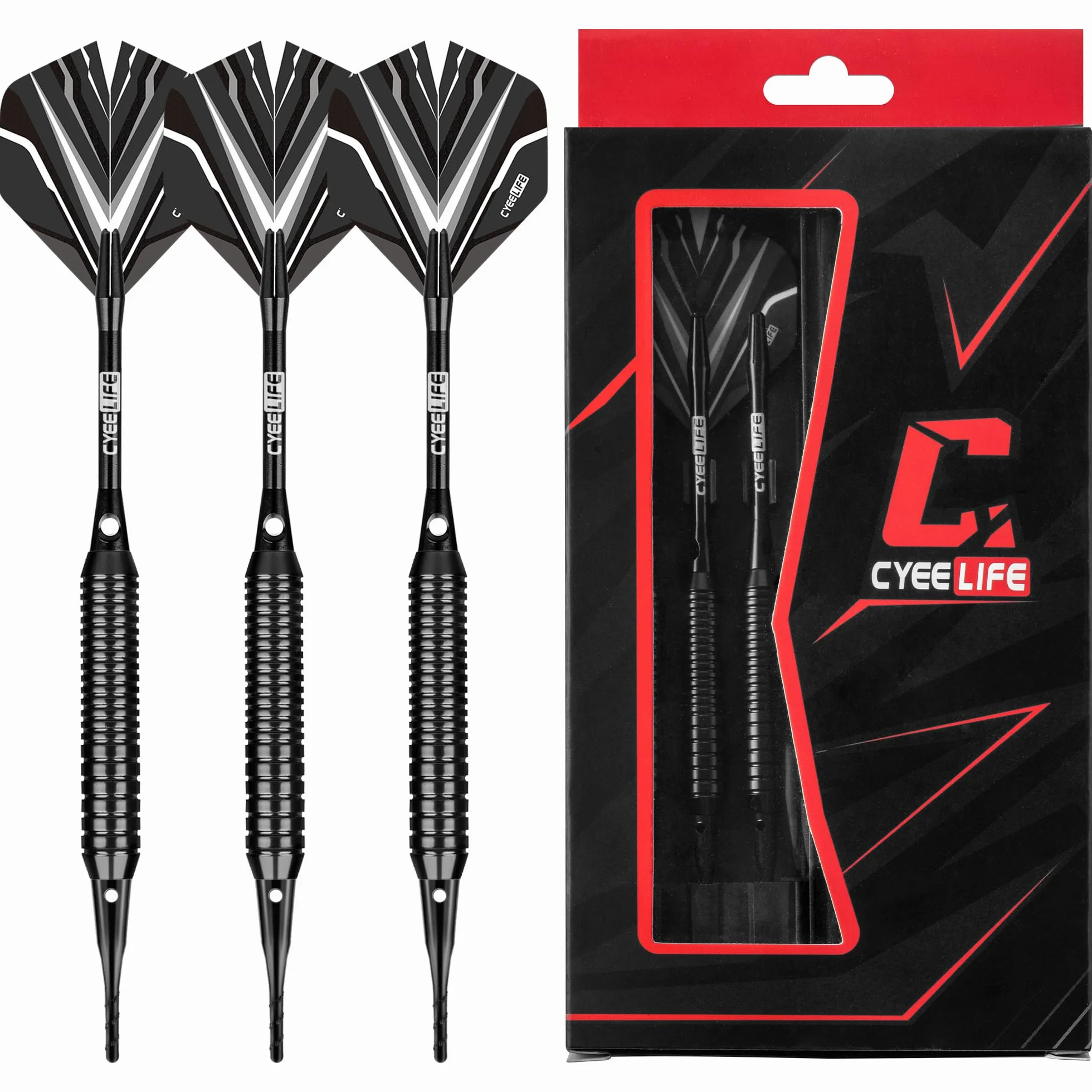 CyeeLife Jeu de fléchettes à pointe souple avec fût en laiton, fléchettes professionnelles à pointe plastique, tiges en aluminium/PC + 6 ailettes + 30 pointes souples + 20 joints toriques + 2