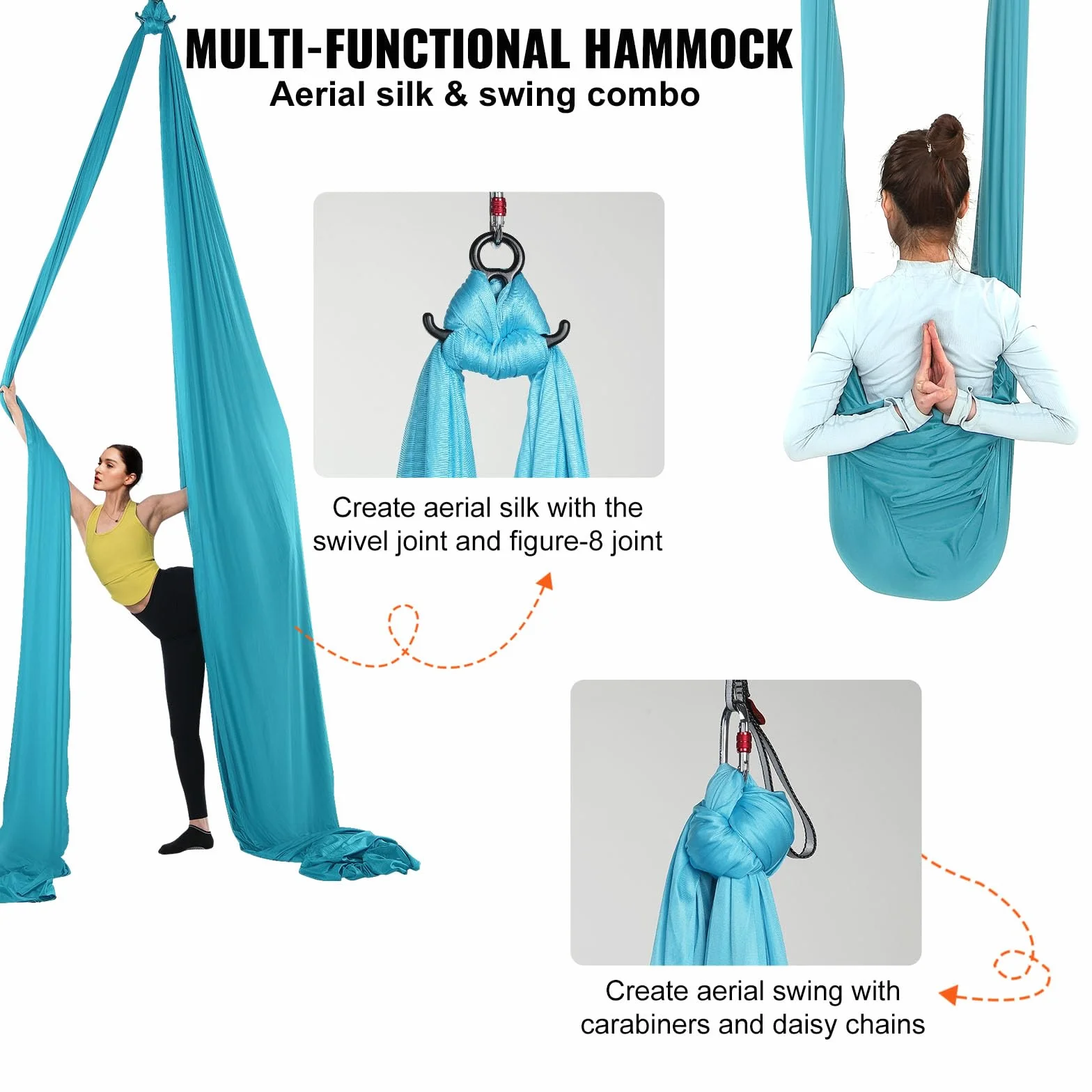 VEVOR Hamac de Yoga Aérien 10 x 2,8 m Kit Balançoire de Yoga Inversion Danse Aérienne en Nylon 100 g/m² Capacité Charge 1000 kg Vol Anti-gravité d'Air pour Fitness Musculation Pilates Gym Maison Bleu