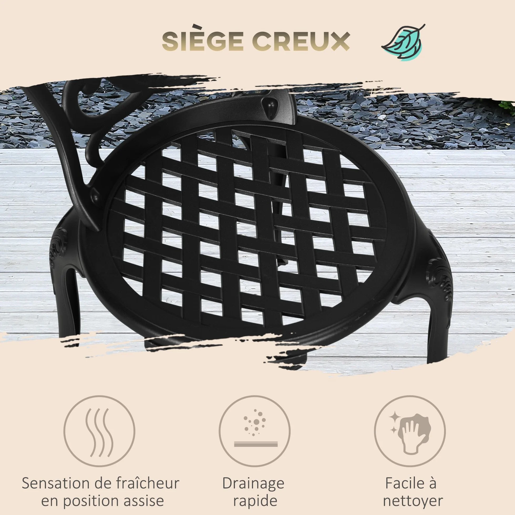 Outsunny Salon de Jardin Exterieur, Ensemble Table Ronde et Chaises Aluminium avec Trou Parasol Noir