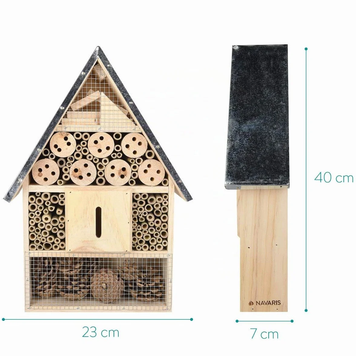 Navaris Hôtel à Insecte Bois XL 40 x 23 x 7 cm Cabane Abri Refuge Toit Métal Abeille Coccinelle Papillon