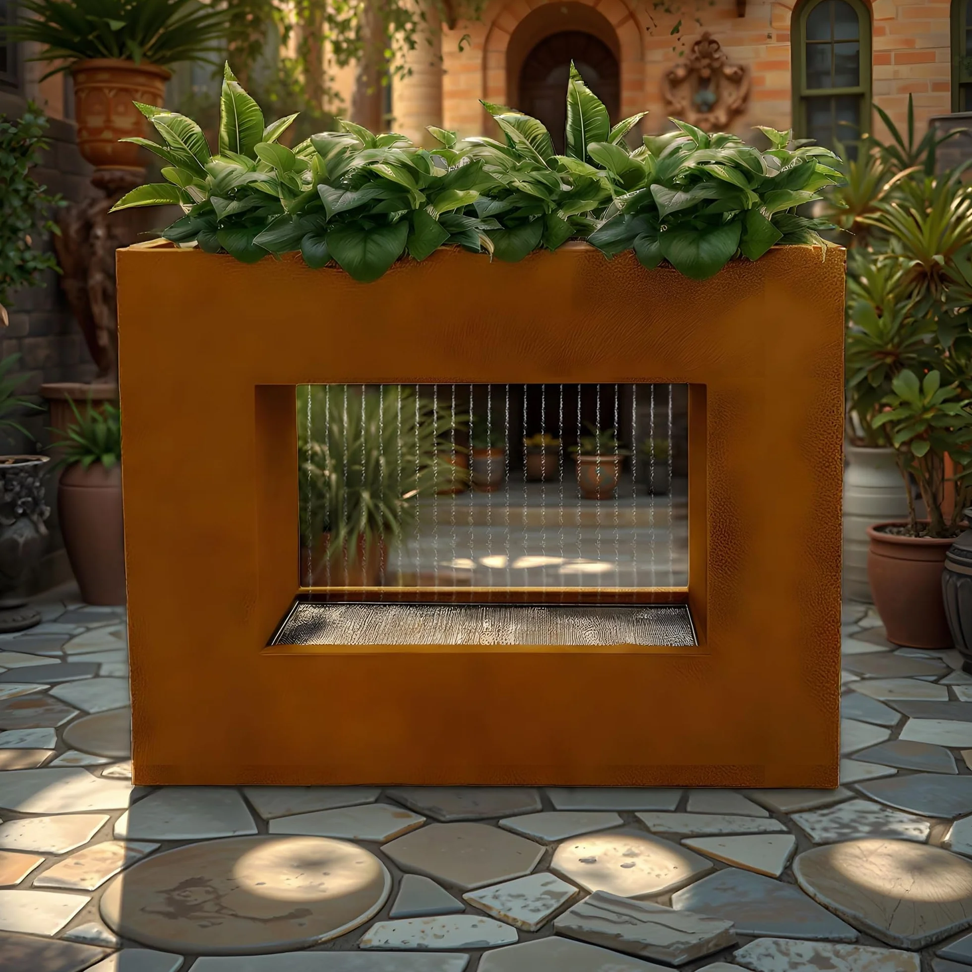 KÖHKO® Rideau d'eau plantable LED 60 cm acier Corten jardinière acier inoxydable Cascade Fontaine d'intérieur