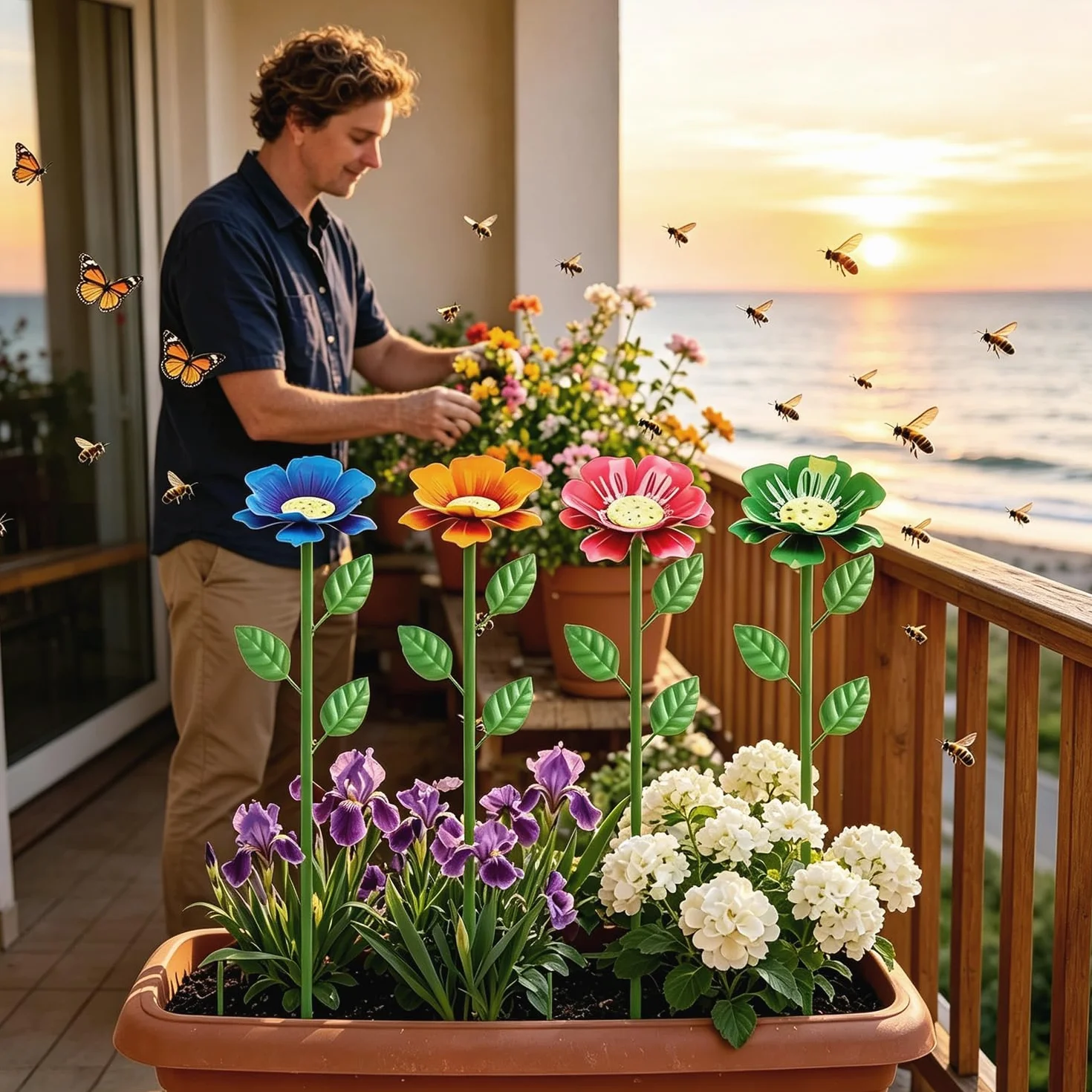 Lot de 4 Abreuvoir à Abeilles Métal – Abreuvoir à Insectes Hauteur Réglable, Station d'eau Design Fleur pour Jardin, 63cm